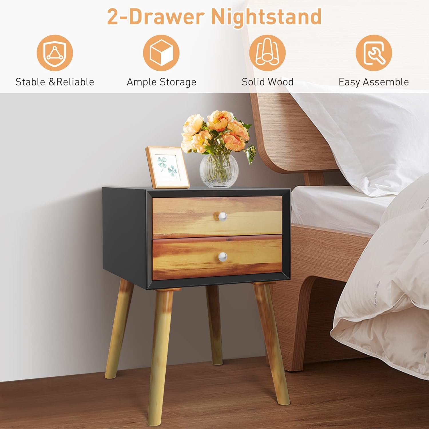 Safeplus 23.5 Inch Nightstand with 2 Drawers - Solid Wood Bedside Table for Bedroom, Living Room | Perfect for Storage, Reading Lamp & Alarm Clock Placement