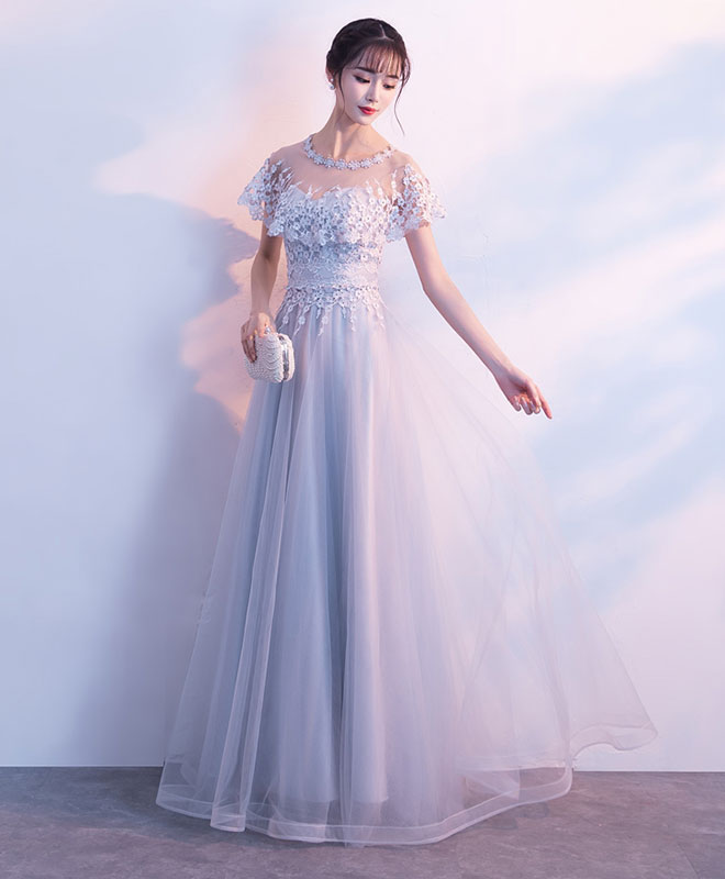 Elegant Gray Tulle Long Prom Dress with Lace Details - Formal Evening Gown for Homecoming, Wedding, and Special Occasions