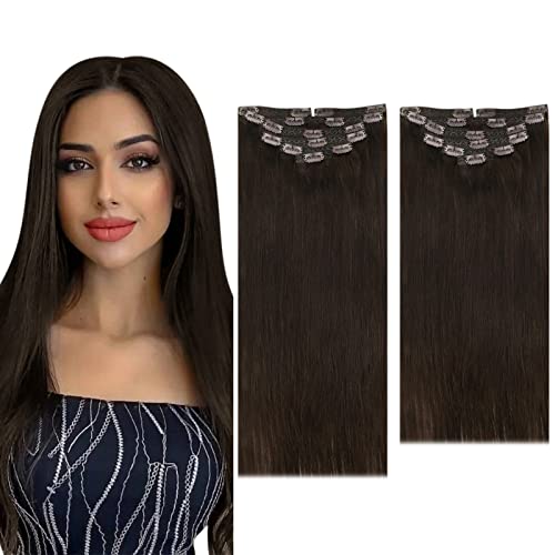 24+22 Inch 240G Dark Brown Clip In Human Hair Extensions - Double Weft Long Natural Straight Hair for Women | Perfect for Parties, Weddings & Daily Styling