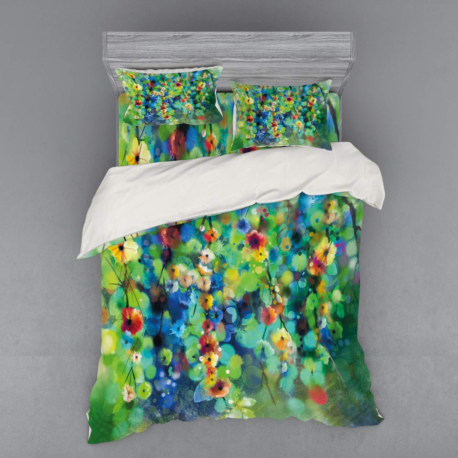 Ambesonne Floral Duvet Cover Set - Queen Size 4-Piece Bedding with 2 Pillow Shams & Fitted Sheet, Vibrant Spring Flower Design in Green & Blue - Perfect for Master Bedroom, Guest Room & Seasonal Home Decor
