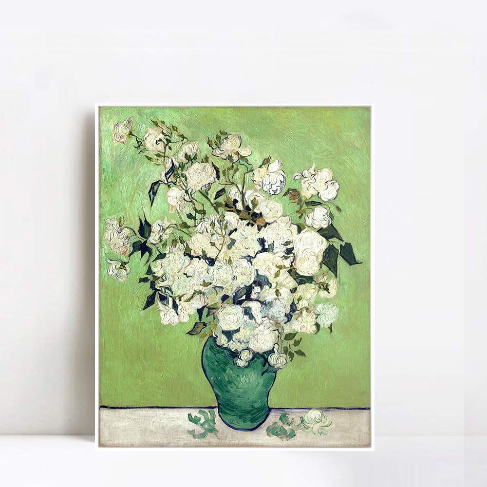 Vincent Van Gogh Vase with Roses Oil Painting Reproduction - 100% Hand Painted Framed Canvas Wall Art (20x24 Inches, White Slim Frame) | Famous Modern Artwork for Living Room, Bedroom & Office Decor