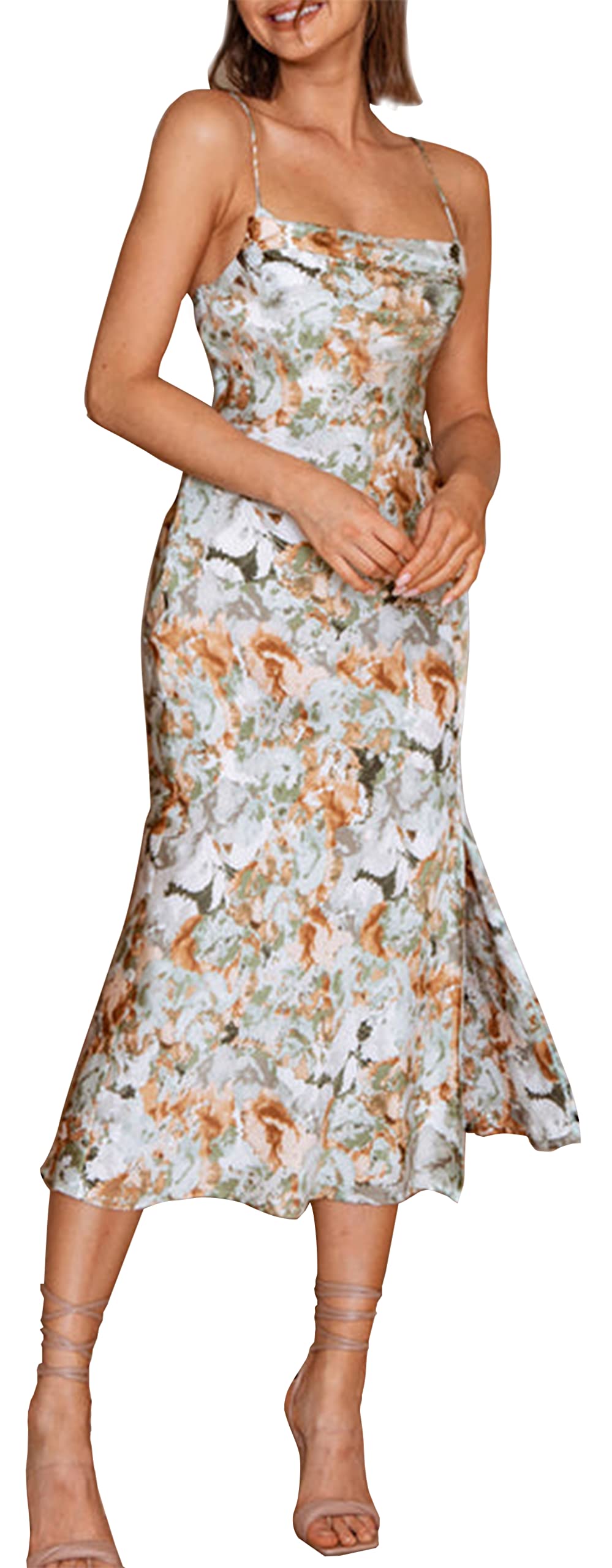 Elegant Women's Sleeveless Spaghetti Strap Satin Cocktail Dress for Wedding Guest, Party & Evening Events - Cowl Neck Backless Midi Formal Dress for Special Occasions & Night Out