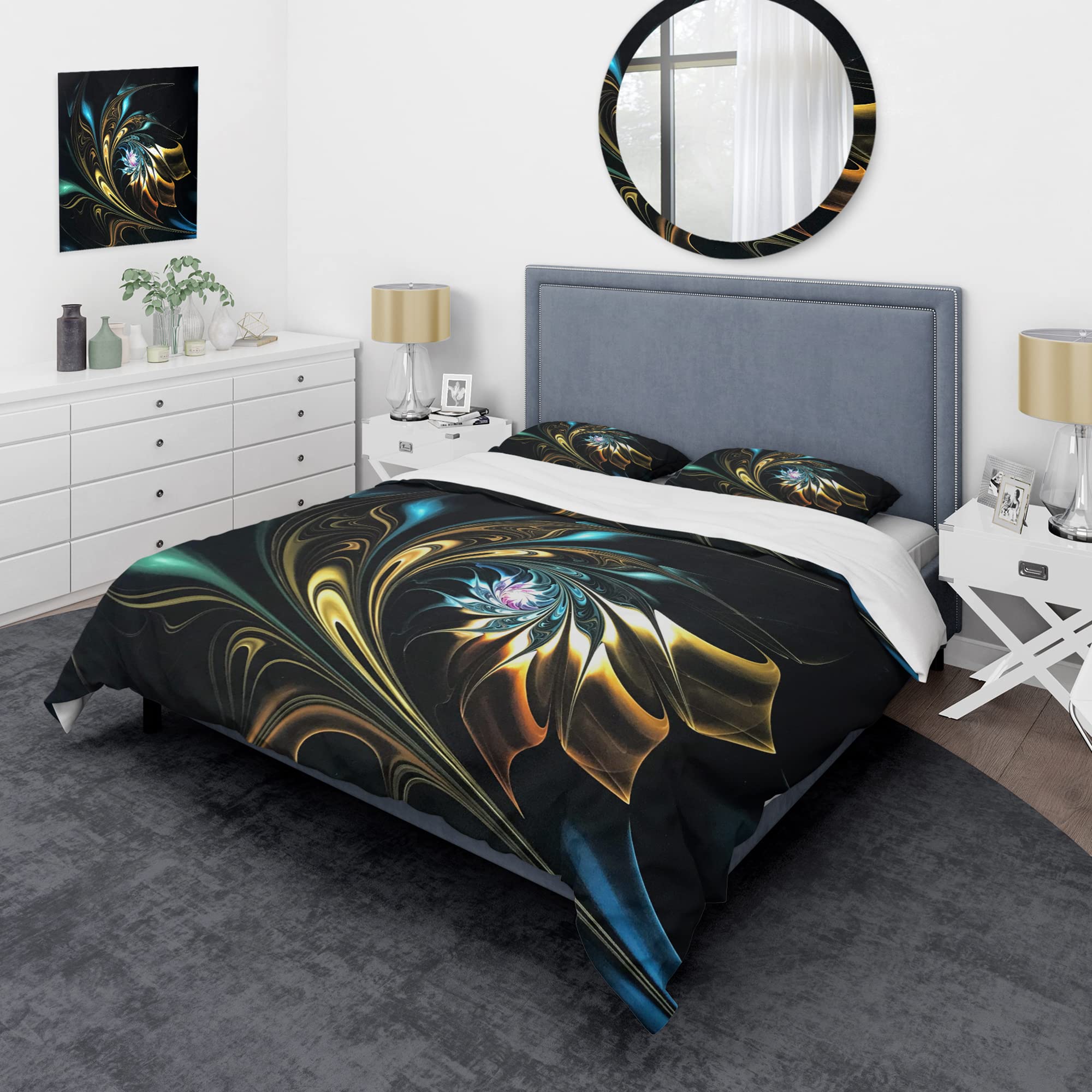 Modern Abstract Fractal Flower Duvet Cover Set King - Blue & Brown Contemporary Bedding Set of 3 Pieces for All Seasons | Perfect for Master Bedroom, Guest Room & Dorm Decor