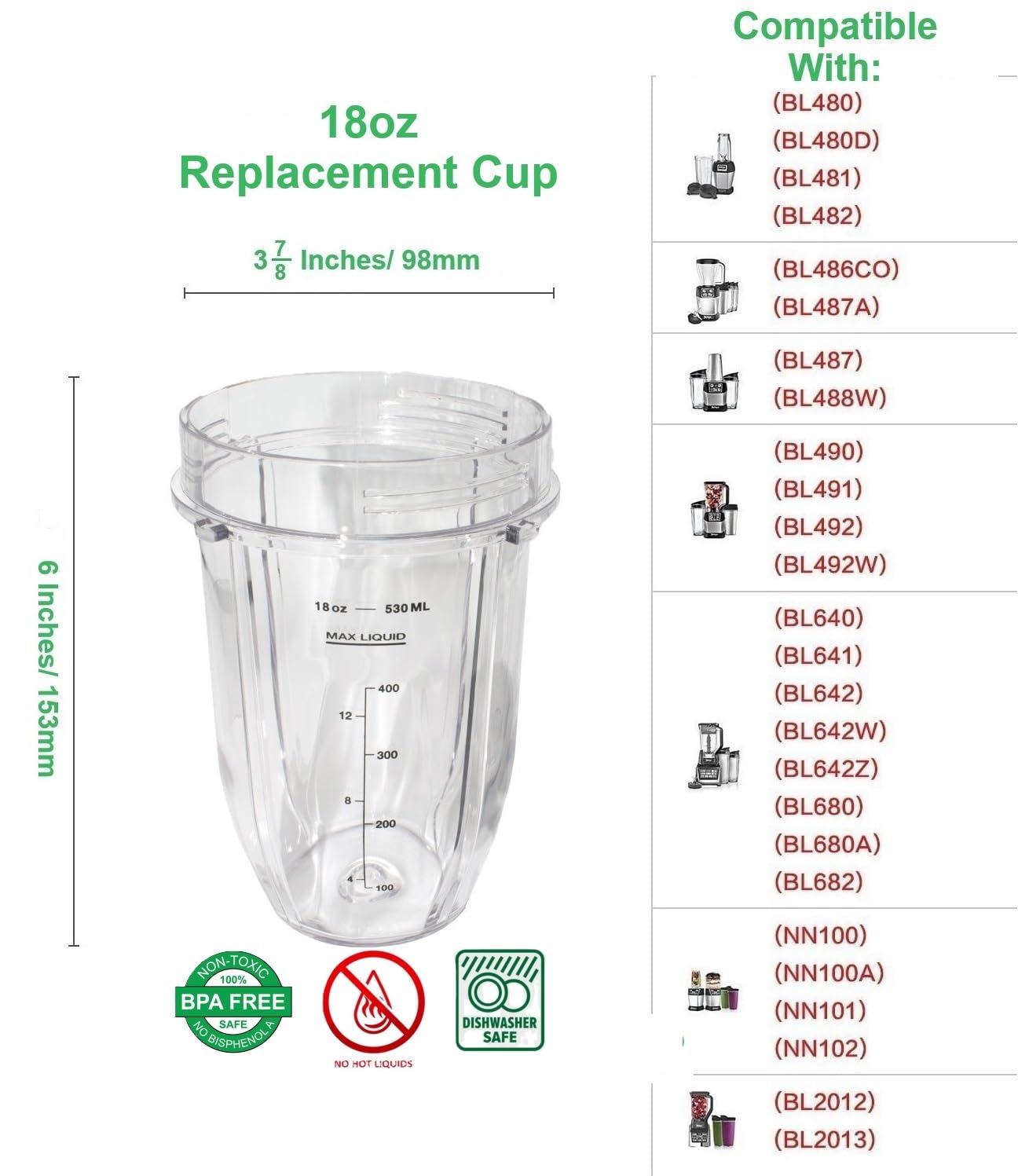 Premium 18oz Blender Cup with Sip & Seal Lid - Replacement for Nutri Ninja Auto-iQ 1000w & Duo Blenders - BPA-Free Blender Accessories (2 Pack) - Perfect for Smoothies, Protein Shakes & Meal Prep