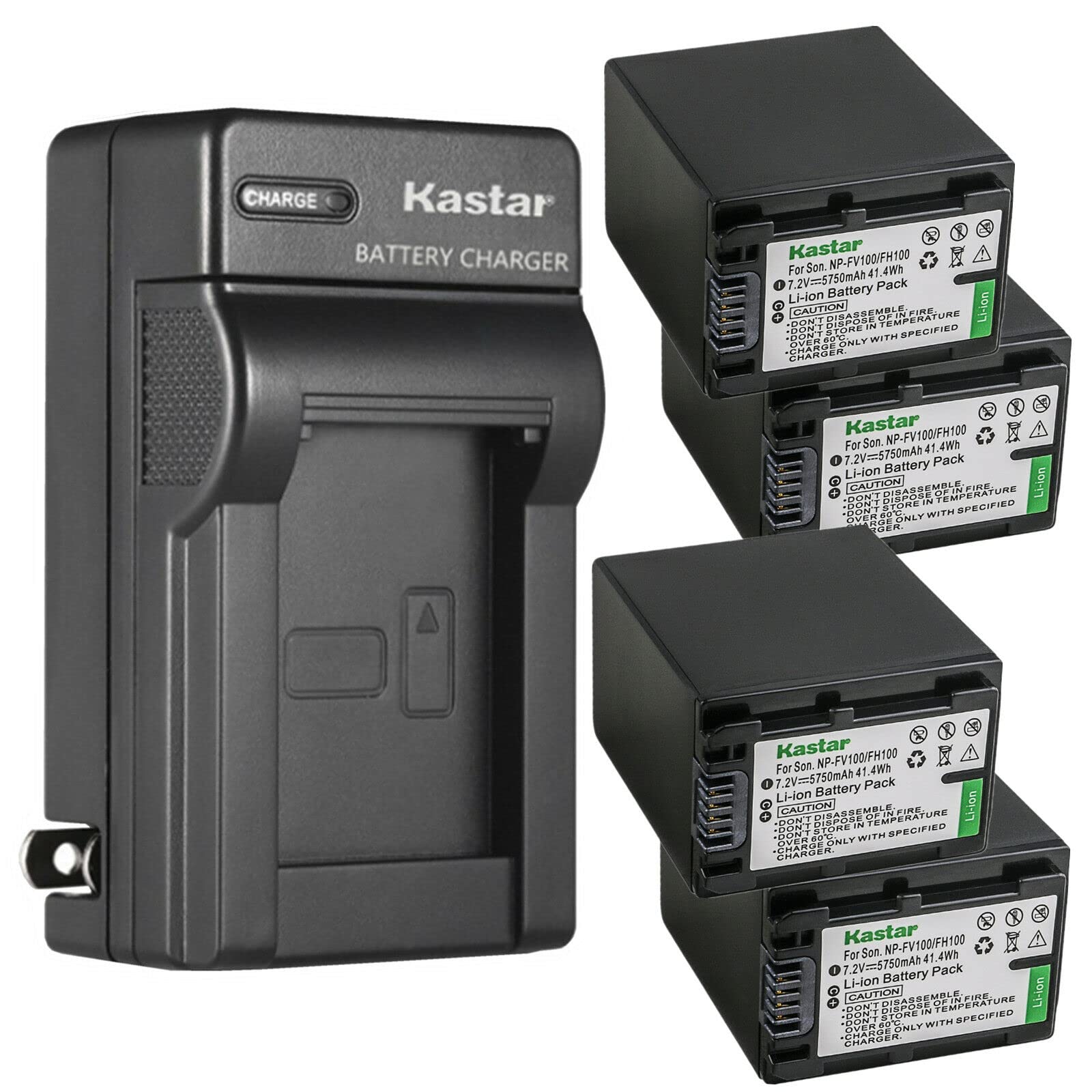 Kastar 4-Pack NP-FV100 Replacement Battery & AC Wall Charger for Sony Camcorders - Compatible with HXR-MC50, HXR-MC88, HXR-NX30, HXR-NX70, HXR-NX80, PXW-Z90V, PXW-X70, DCR-PJ5, DCR-SR10, DCR-SR15, DCR-SR20, DCR-SR21 - Perfect for Travel Vlogging, Documentary Filming & Professional Video Recording