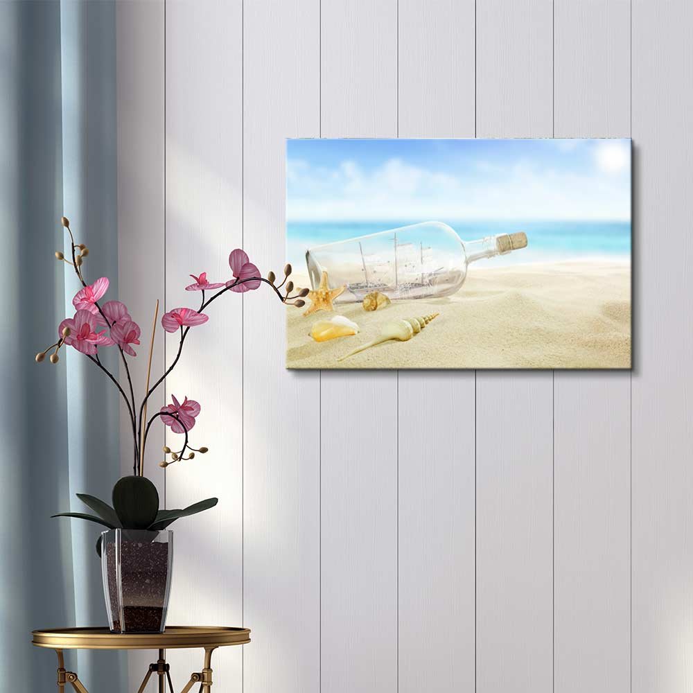 Premium Canvas Wall Art - Ship in Glass Bottle with Starfish & Seashells on Beach | Modern Home Decor, Stretched Gallery Wrap Giclee Print, Ready to Hang (32x48 inches) - Perfect for Living Room, Bedroom & Office Decor