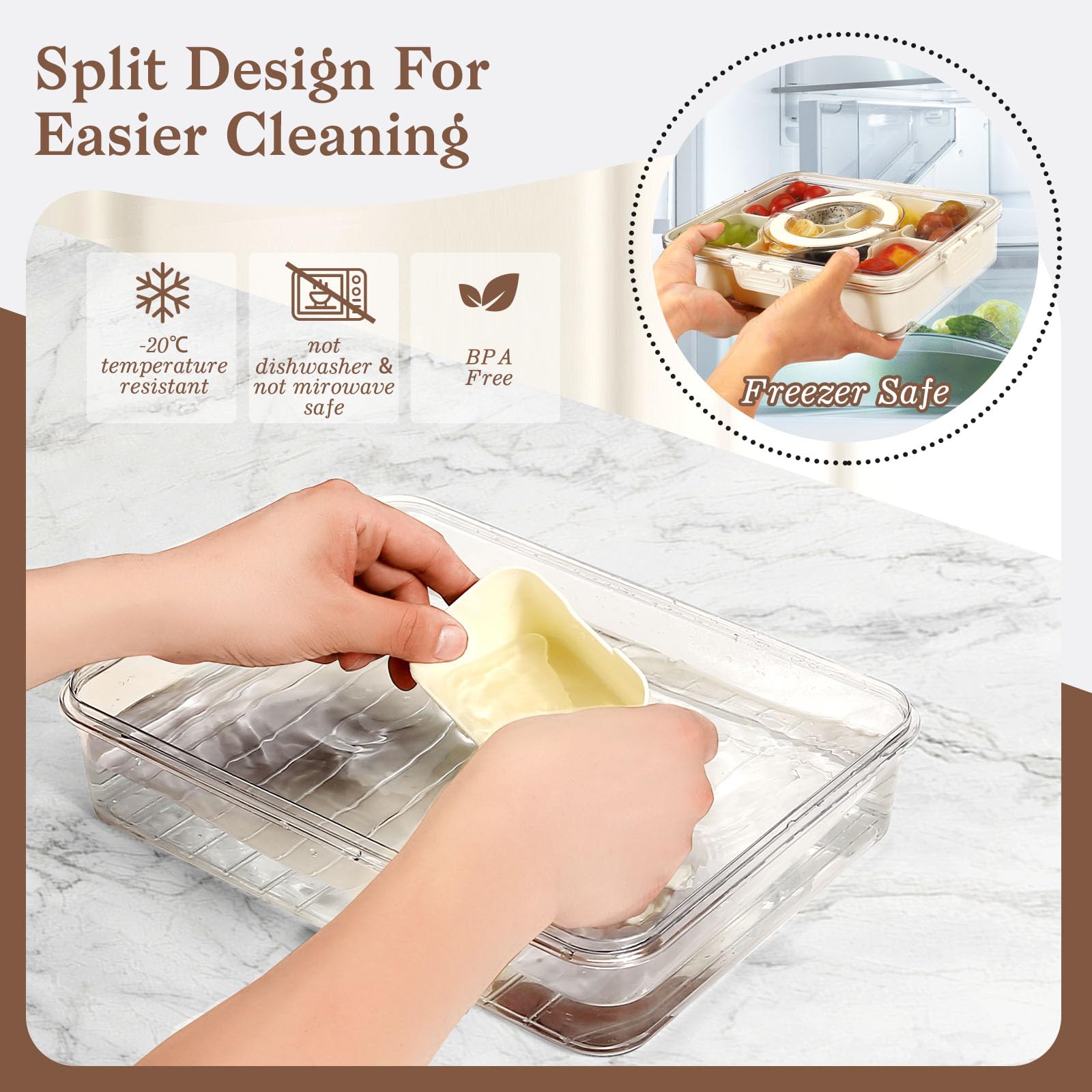 Divided Serving Tray with Lid & Handle - Portable Snackle Box for Charcuterie, Candy, Fruits, Nuts | Perfect for Picnics, Parties, Office Snacks & Travel Organization