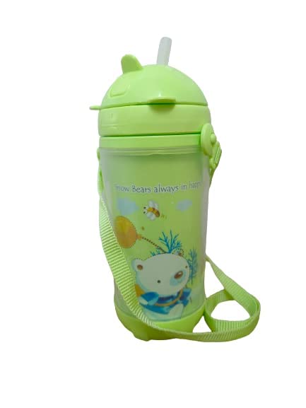 **Puthak 500ml Cute Cartoon Printed Water Bottle with Straw for Kids - BPA Free, Leak Proof Flip Top Lid, Silicone Sipper & Soft Carry Neck Strap - Ideal for School, Travel & Outdoor Activities (Green)**
