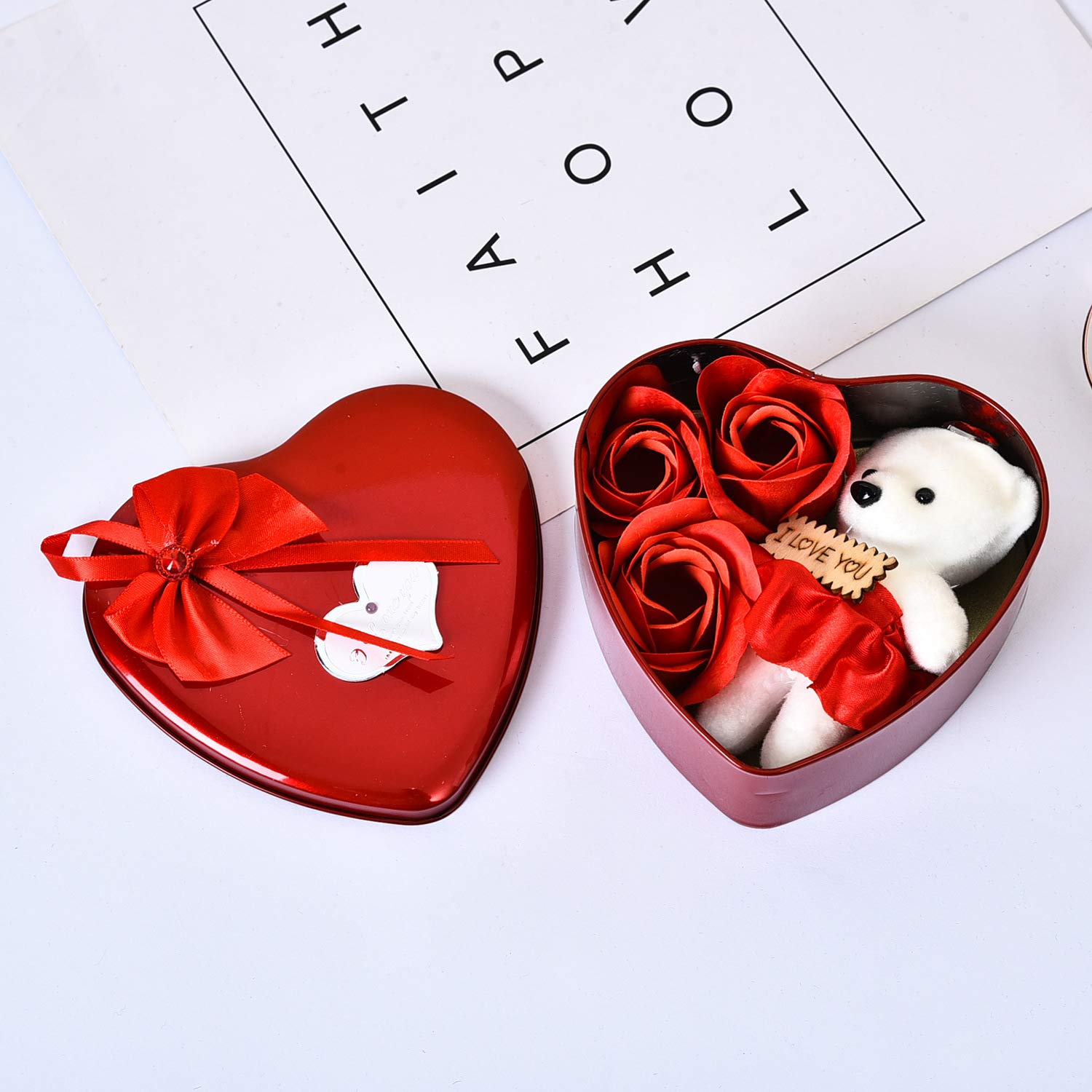 MAKE A WISH® Valentine's Day Gift Set - Heart Shaped Box with 3 Rose Soap Flowers & Teddy Bear Doll (Red) - Perfect Romantic Gift for Anniversary, Birthday & Proposal