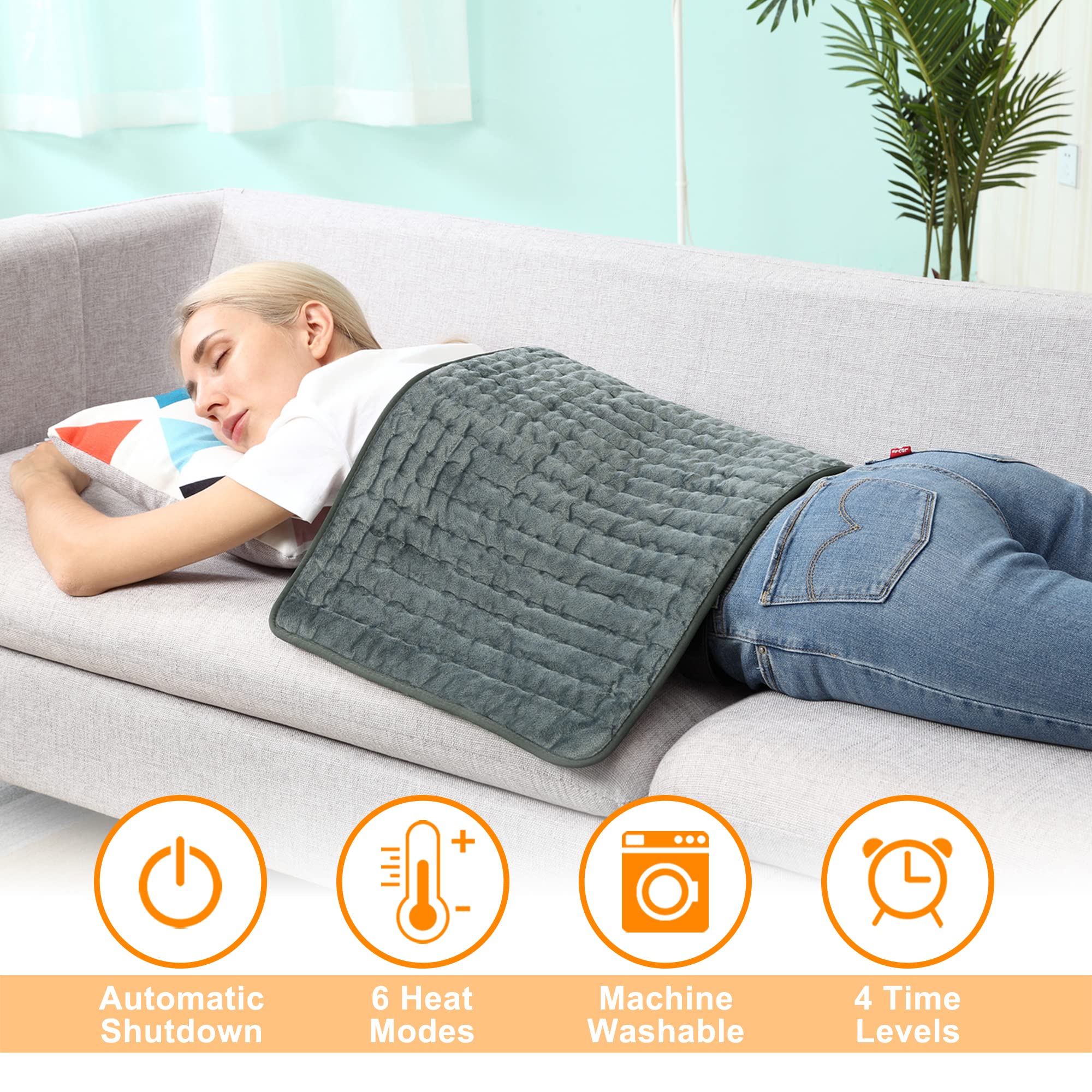 Electric Heating Pad for Back Pain & Cramps Relief - 6 Heat Settings, Auto Shut Off - Dark Gray 33