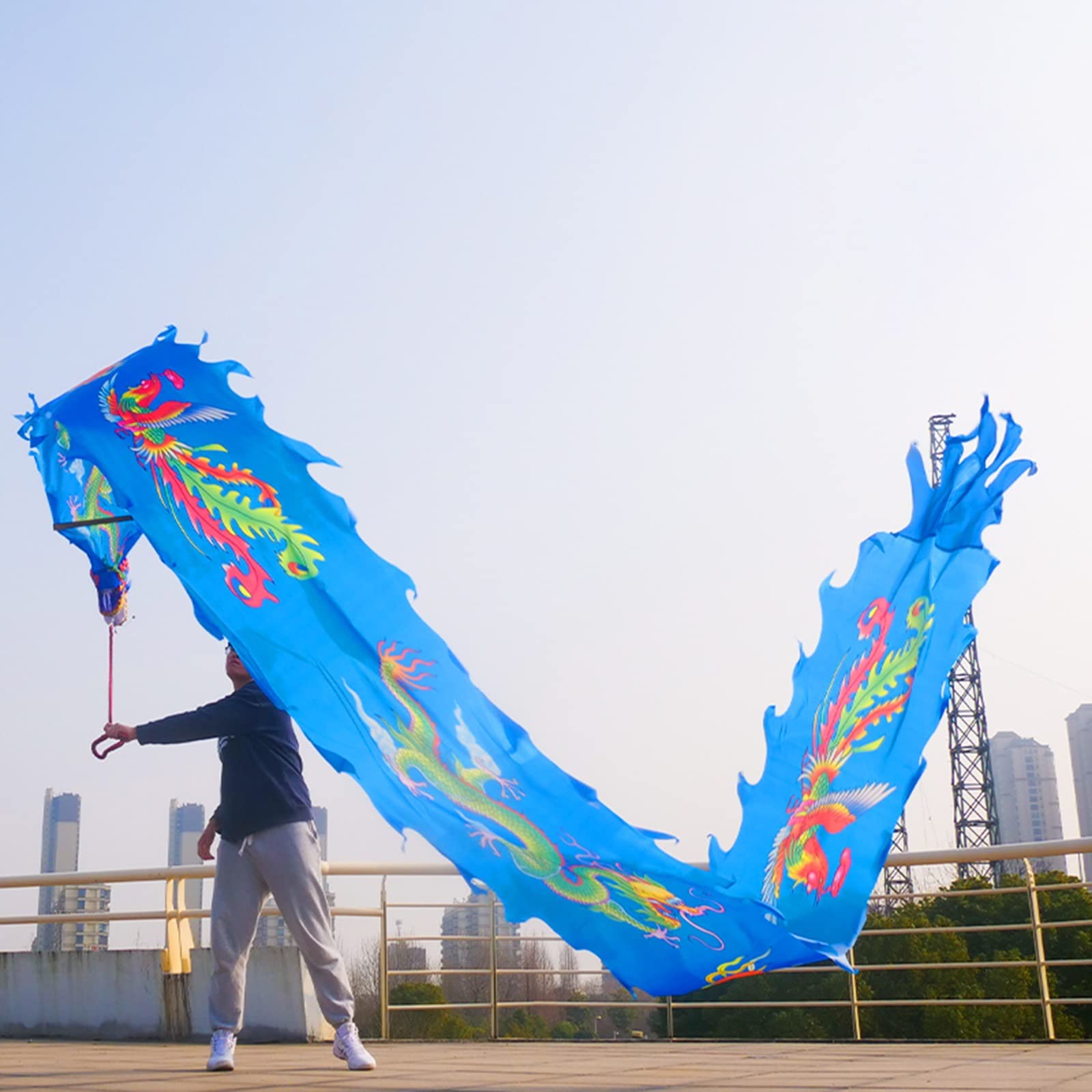 Elderly Dragon Dance Ribbon - 6m/20ft Extra Long Silk Flowy Spinning Dance Poi Streamer for Spring Outings, Party Celebrations & Chinese Cultural Performances (Blue)