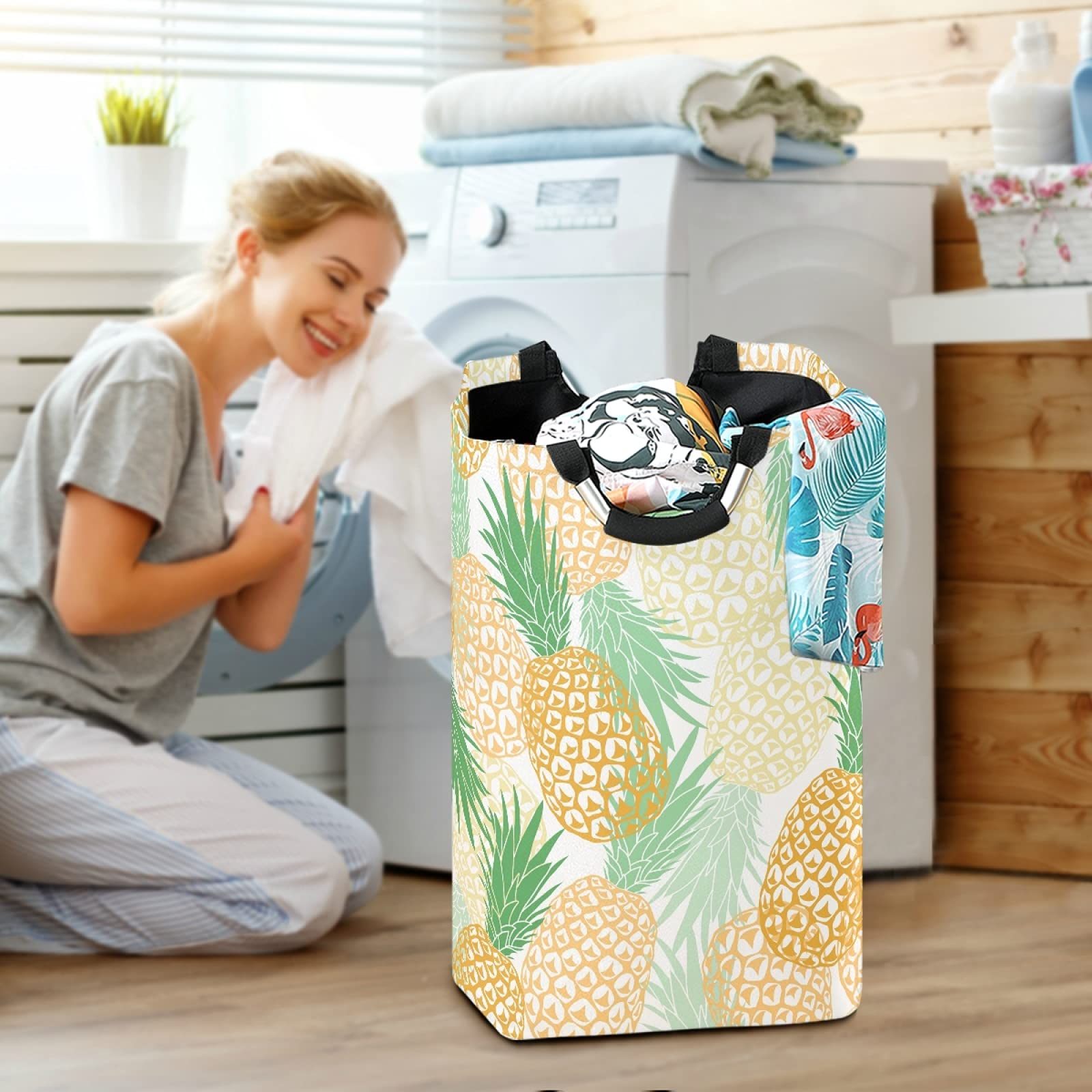 **Tarity 52L Large Collapsible Laundry Hamper - Yellow Pineapple Design, Oxford Fabric Dirty Clothes Basket with Handles, Foldable Storage Bin for Bedroom, Bathroom, Closet - Perfect for Laundry Room, Dorm, or Travel**