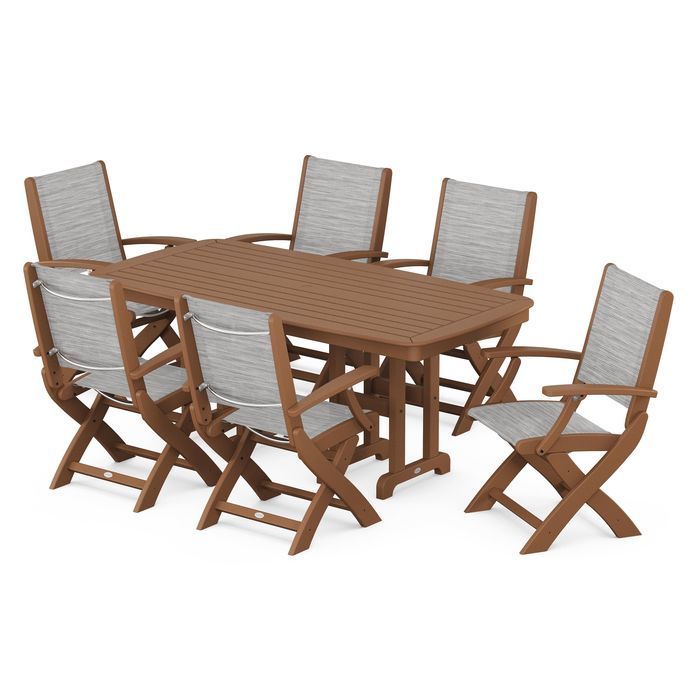 POLYWOOD Coastal Folding Arm Chair 7-Piece Outdoor Dining Set - Perfect for Patio, Deck, Poolside & Beachfront Entertaining