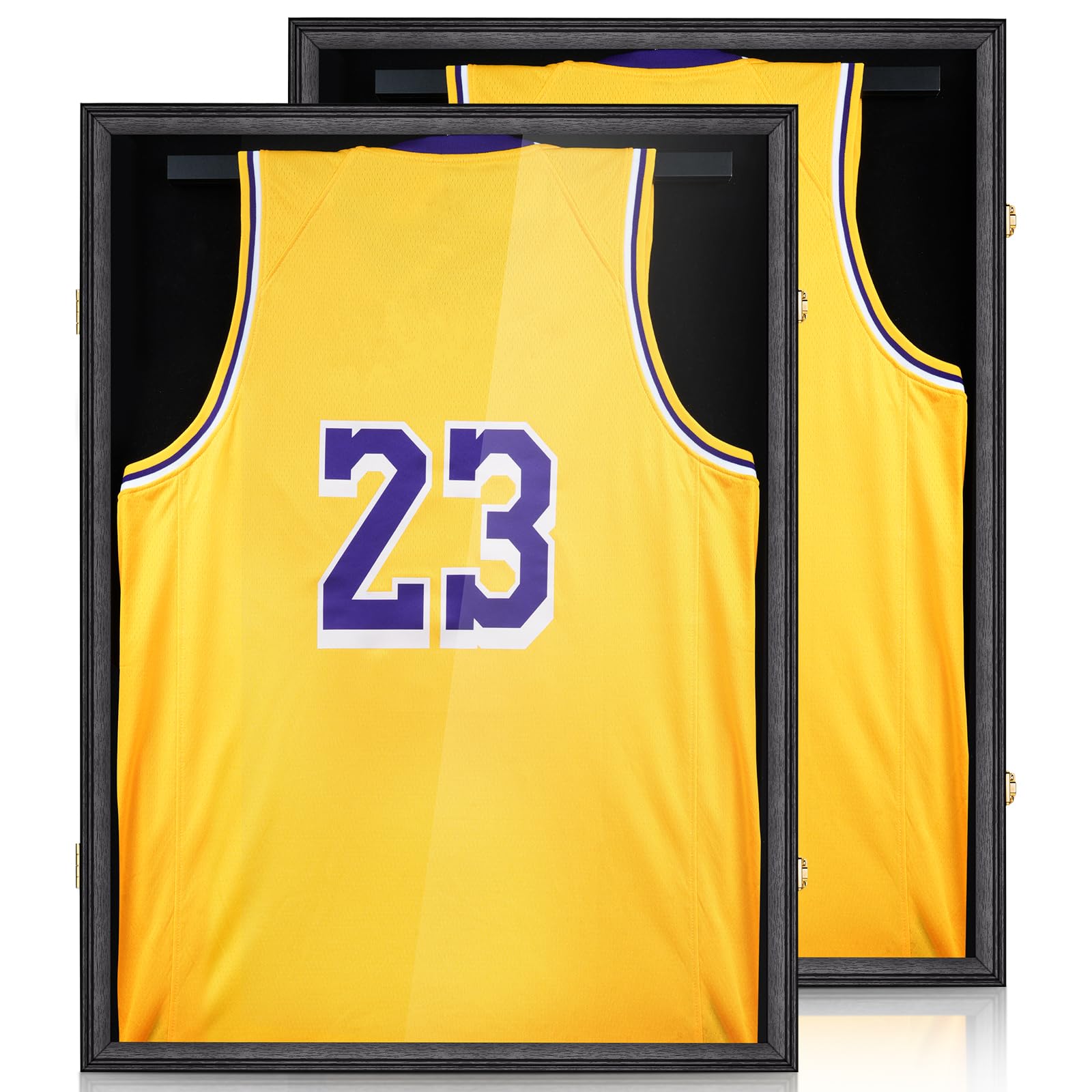 2 Pack Large Jersey Frame Display Case with Lockable UV Protection Acrylic - Baseball Football Soccer Hockey Basketball Jersey Shadow Box for Sports Shirts & Uniforms (Includes 2 Hangers, Black) - Perfect for Memorabilia Display in Home, Office or Man Cave