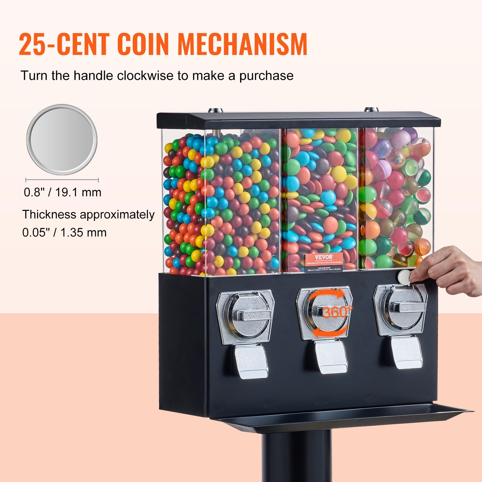 VEVOR Commercial Triple Compartment Candy Vending Machine with Iron Stand - Coin Operated Gumball & Nut Dispenser for Business (Black) | Perfect for Retail Stores, Arcades, and Office Break Rooms