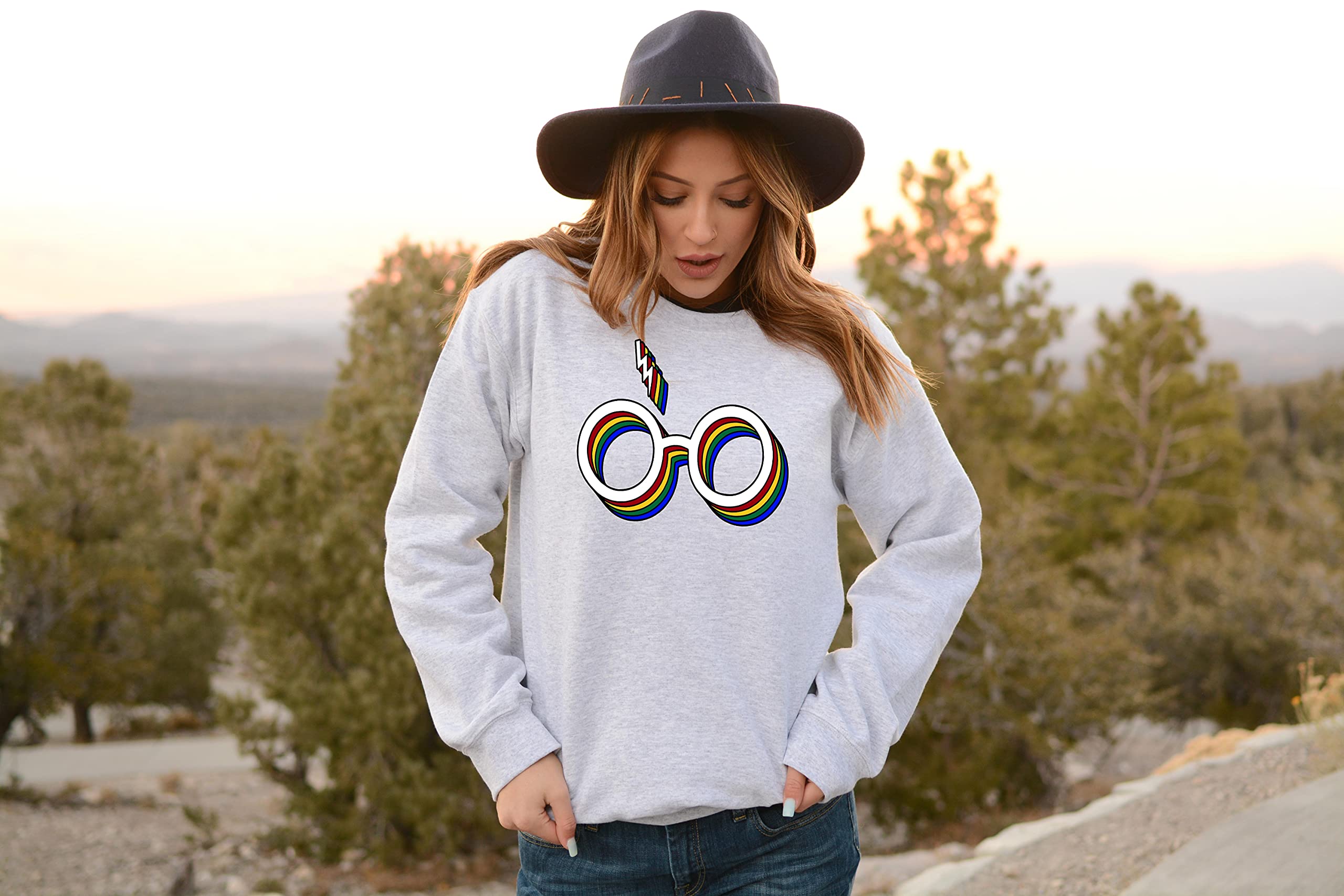 Stylish Unisex Wizard Glasses & Bolt Print Crewneck Sweatshirt | Trendy Graphic Hoodie for Cosplay, Halloween & Casual Wear