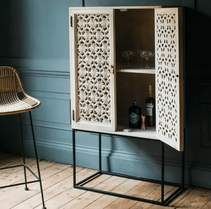 Solid Wood Hand-Carved White Bar Cabinet with Two Doors - Perfect for Home Bar, Dining Room & Entertaining Spaces