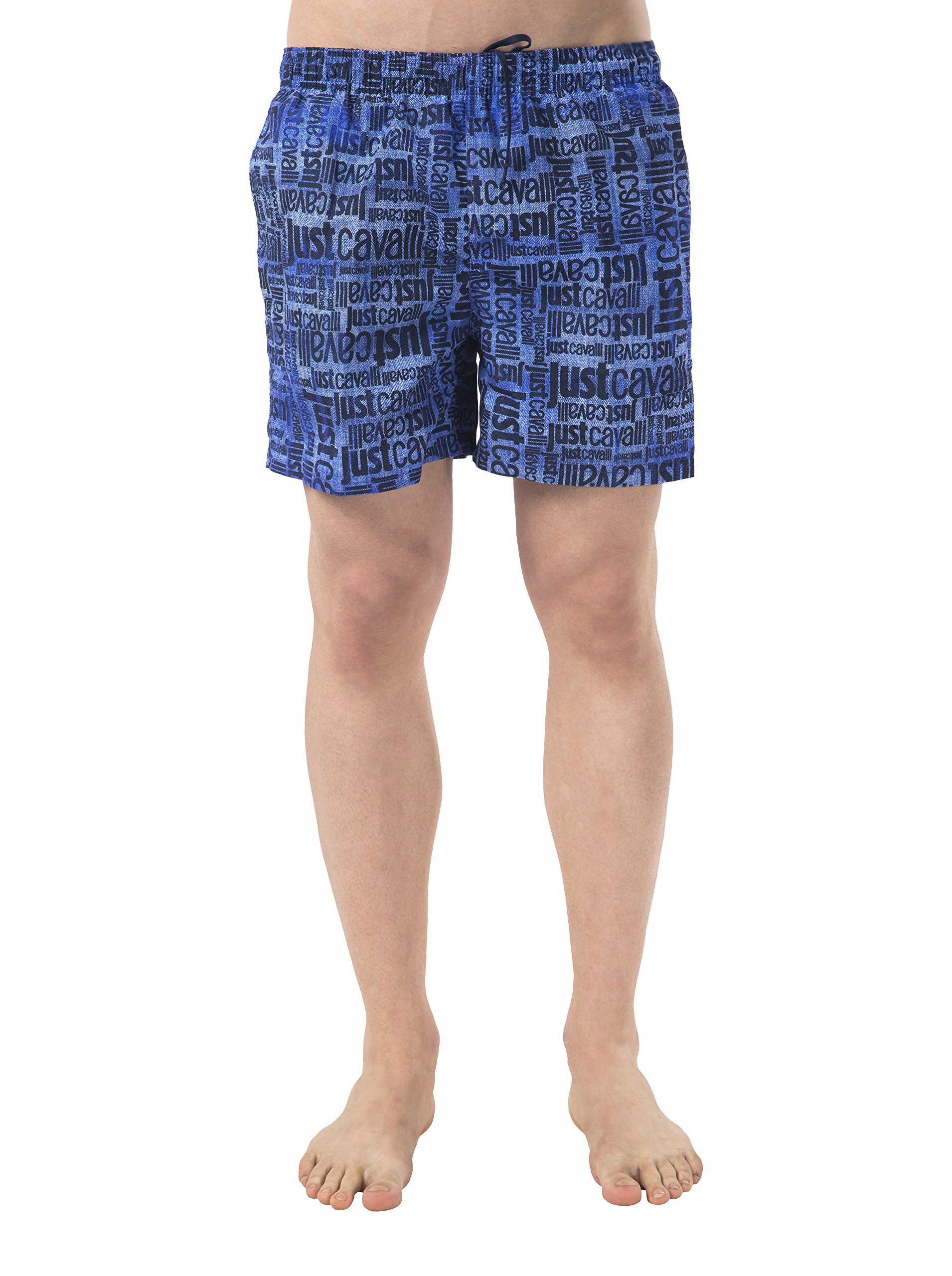 Just Cavalli Logo Print Swim Shorts for Men - Faded Blue Denim-Effect Beachwear for Swimming, Vacation & Summer Outfits