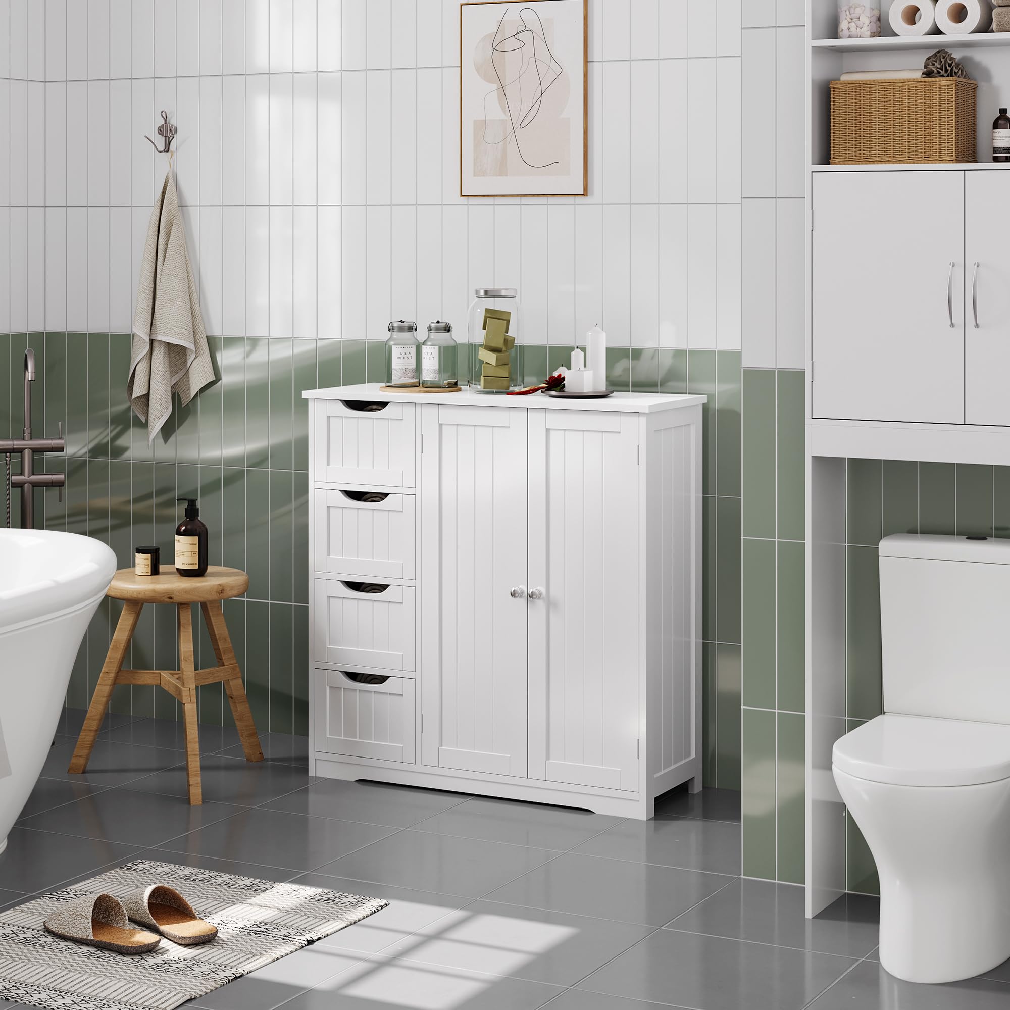 Yaheetech White Wooden Bathroom Storage Cabinet with 4 Drawers & Double Doors - Freestanding Entryway Organizer, Bathroom Furniture & Home Decor - Perfect for Bathroom Organization, Bedroom Storage, and Entryway Console Table
