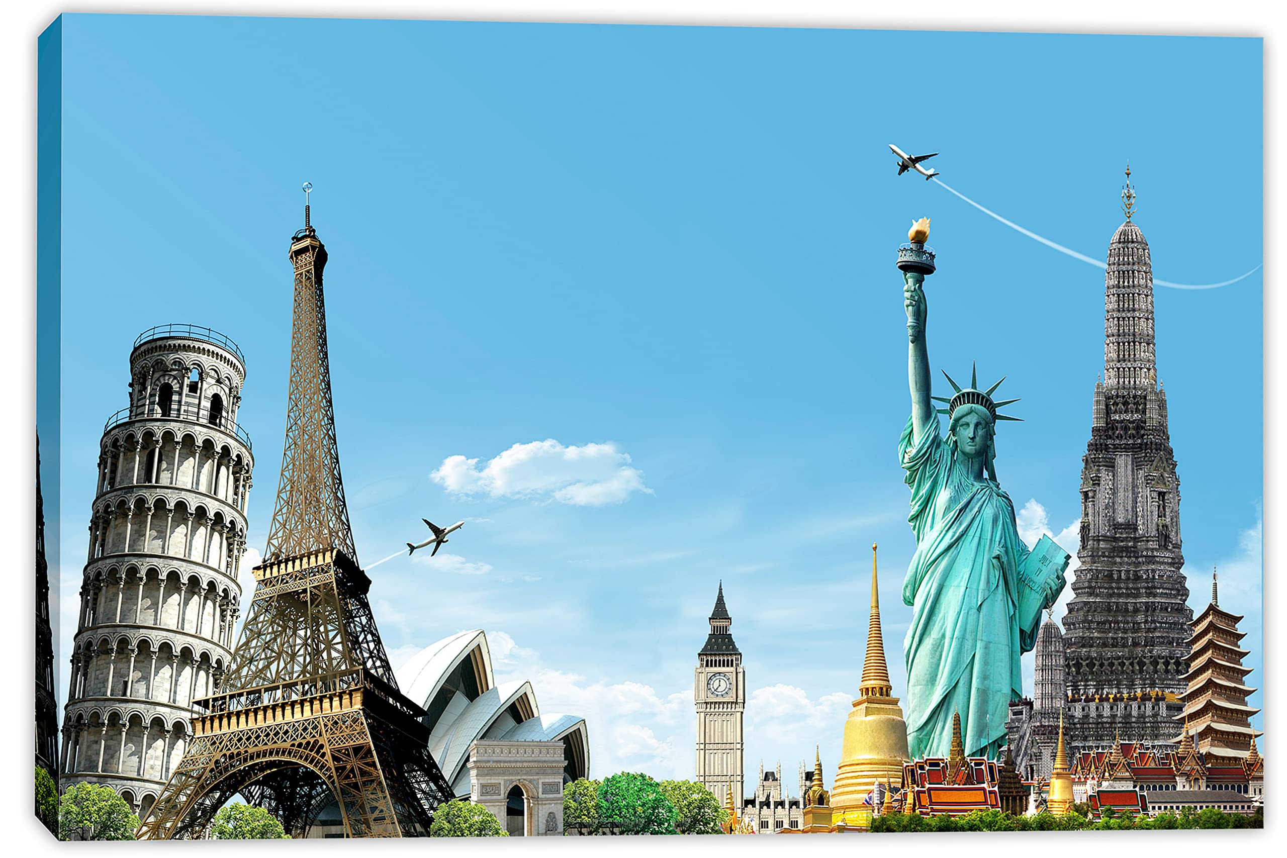 30x20 Travel The World Canvas Print - Statue of Liberty, Eiffel Tower, Pizza & Big Ben Wall Art - Perfect for Living Room, Bedroom Decor & Travel Lovers Gift