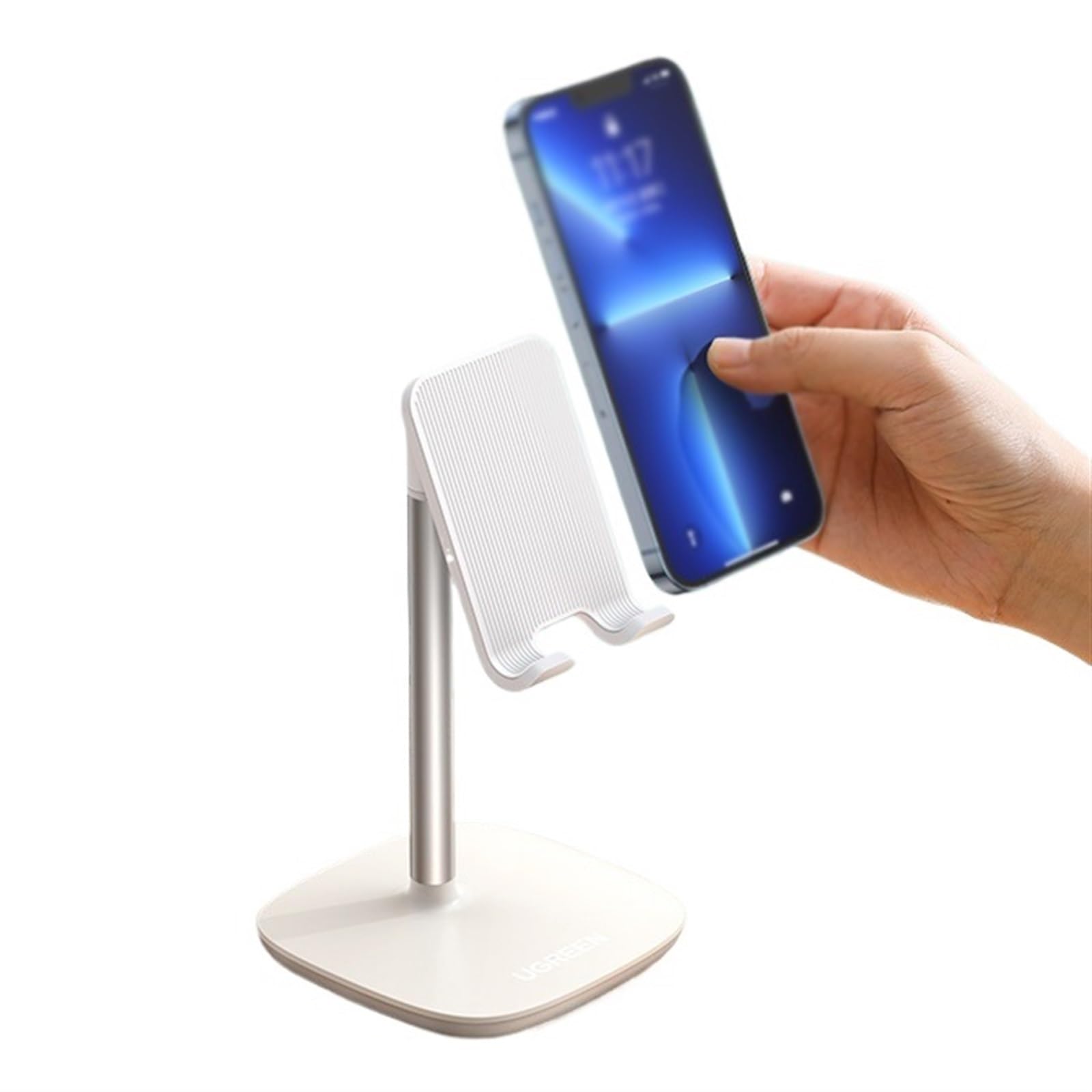 SPXTOM Adjustable Tabletop Metal Phone Stand - Aluminum Alloy Phone Holder with Anti-Slip Base & Charging Port - Compatible with 4-10
