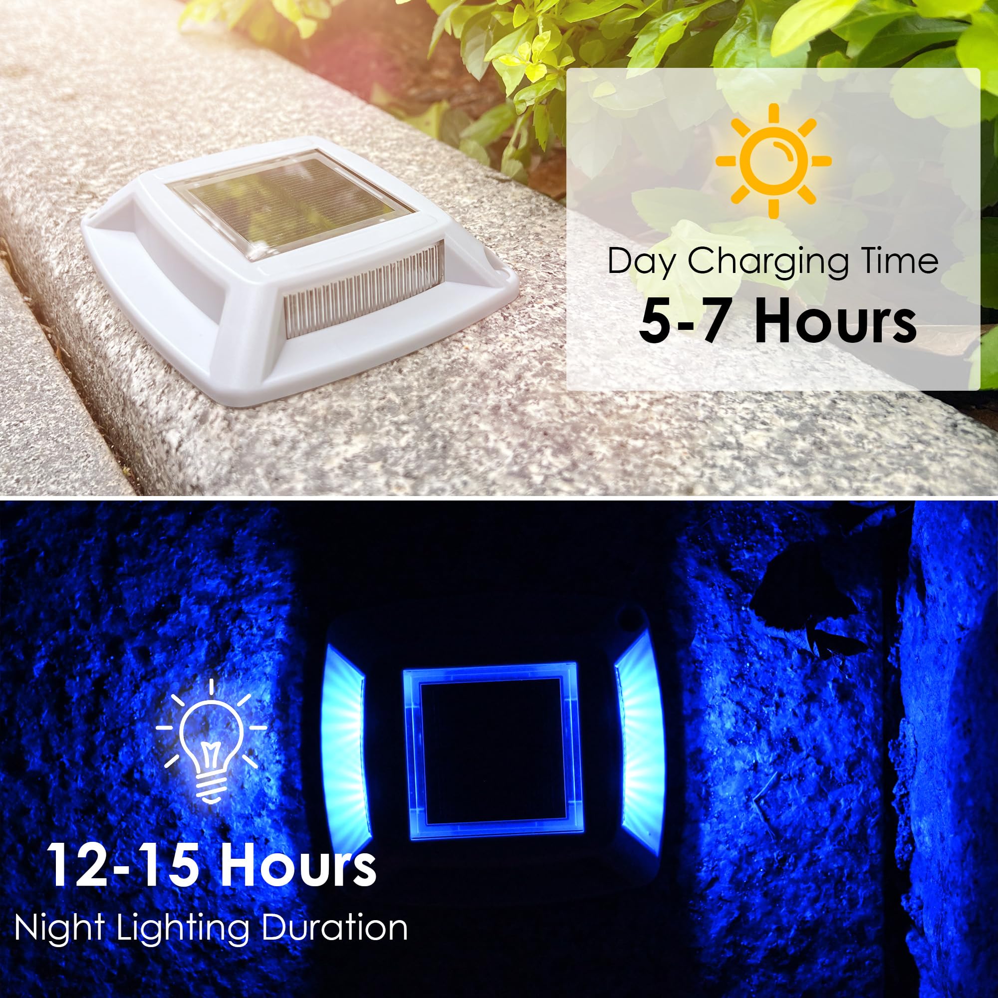 12-Pack Solar Driveway Lights - 4 LED IP68 Waterproof Marine Solar Dock Lights | Solar Powered Safety Markers for Pathway, Sidewalk, Garden, Stair & Deck | Auto Dusk to Dawn (Blue) | Perfect for Outdoor Lighting, Landscape Decoration & Nighttime Safety