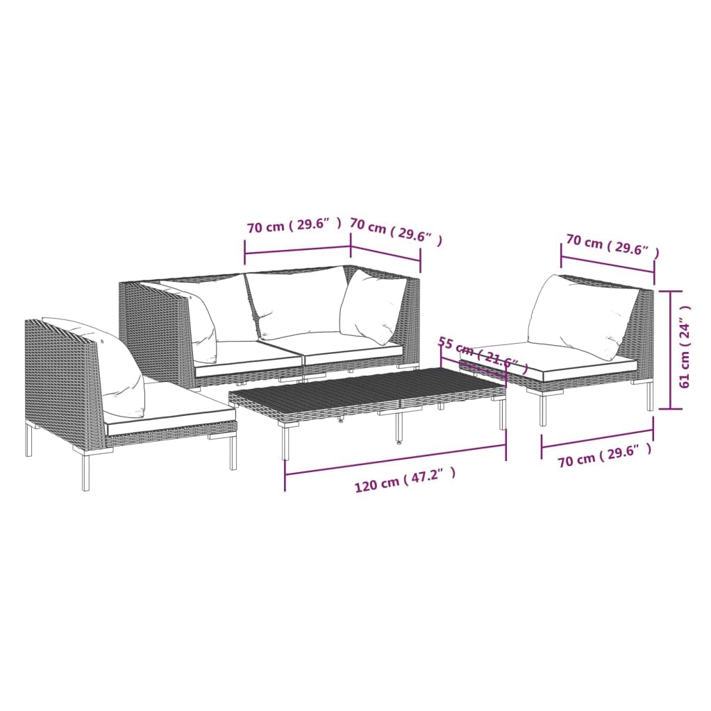 vidaXL 5-Piece Patio Lounge Set - Modern Dark Gray Poly Rattan Outdoor Sectional Sofa with Cushions - Perfect for Backyard, Poolside & Garden Relaxation