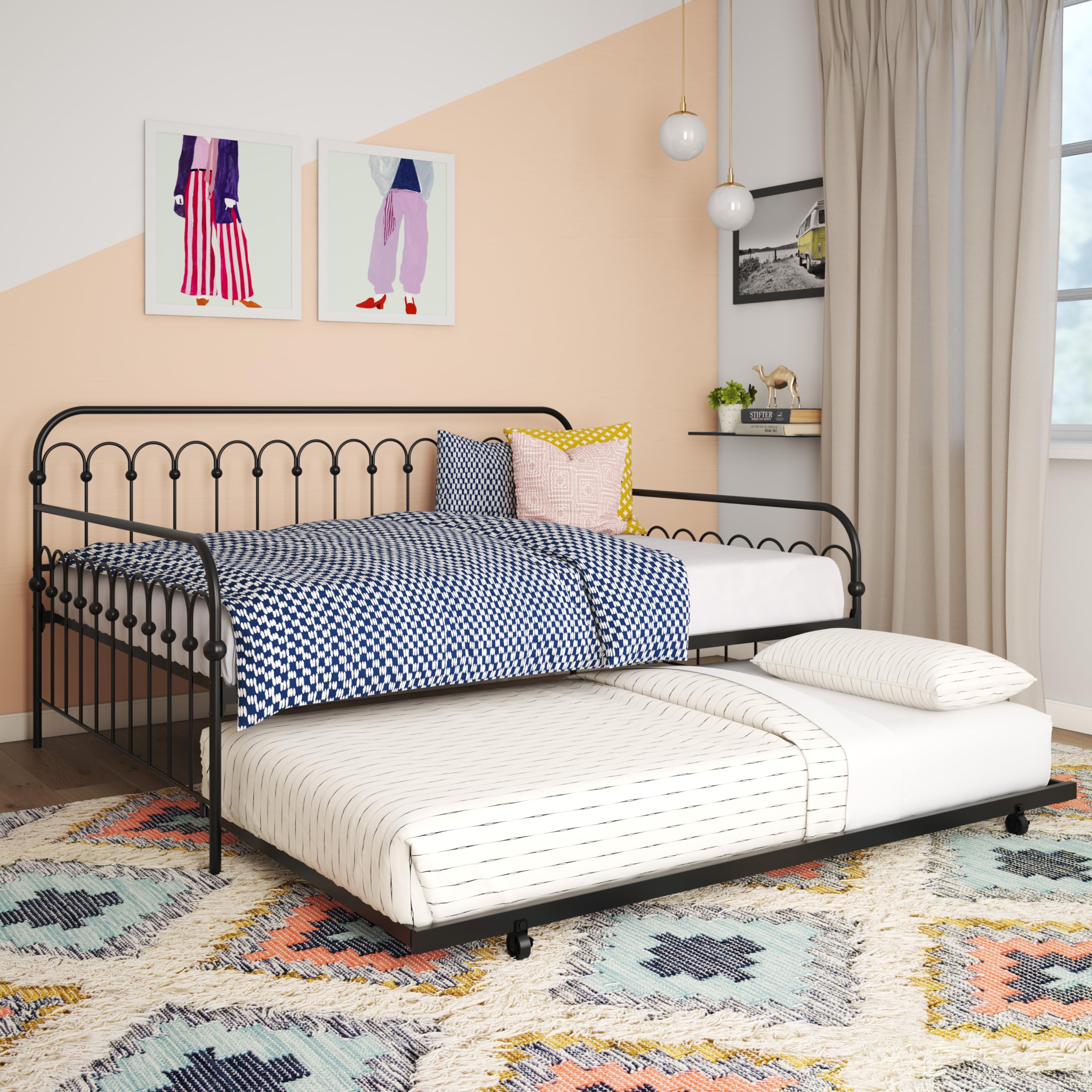 Novogratz Bright Pop Full Metal Daybed with Twin Trundle Bed - Modern Black Metal Frame Sleeper Sofa for Small Spaces, Guest Room & Dormitory