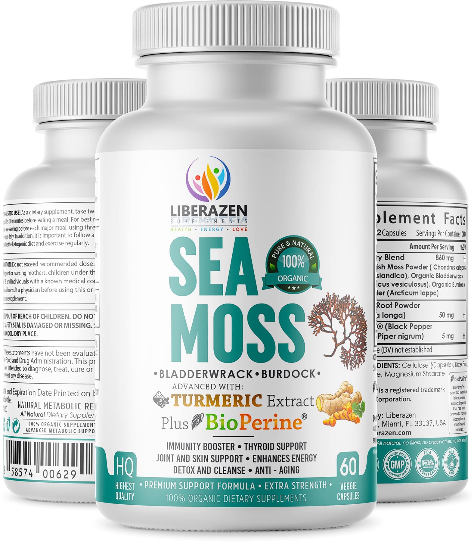 Organic Irish Sea Moss Pills - Wildcrafted Dr. Sebi Inspired Seamoss Blend with Turmeric, Burdock Root & Bladderwrack - Enhanced with Black Pepper for Better Absorption - 60 Vegan Capsules - Supports Immune System, Digestion & Energy - Perfect for Daily Wellness Routine