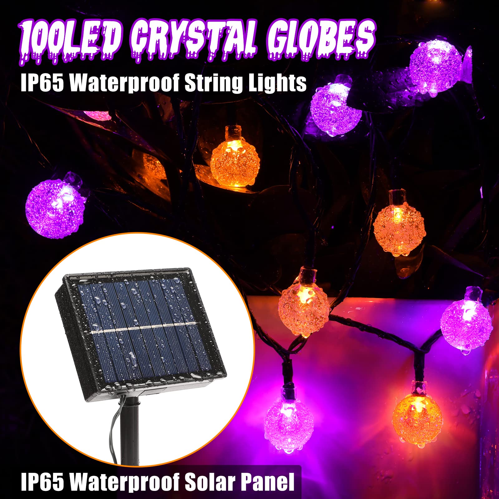Orange Purple Solar Halloween Lights - 72FT 100 LED Waterproof Halloween Globe String Lights with 8 Lighting Modes | Perfect for Outdoor Halloween Decorations, Party Lighting, Yard & Porch Decor