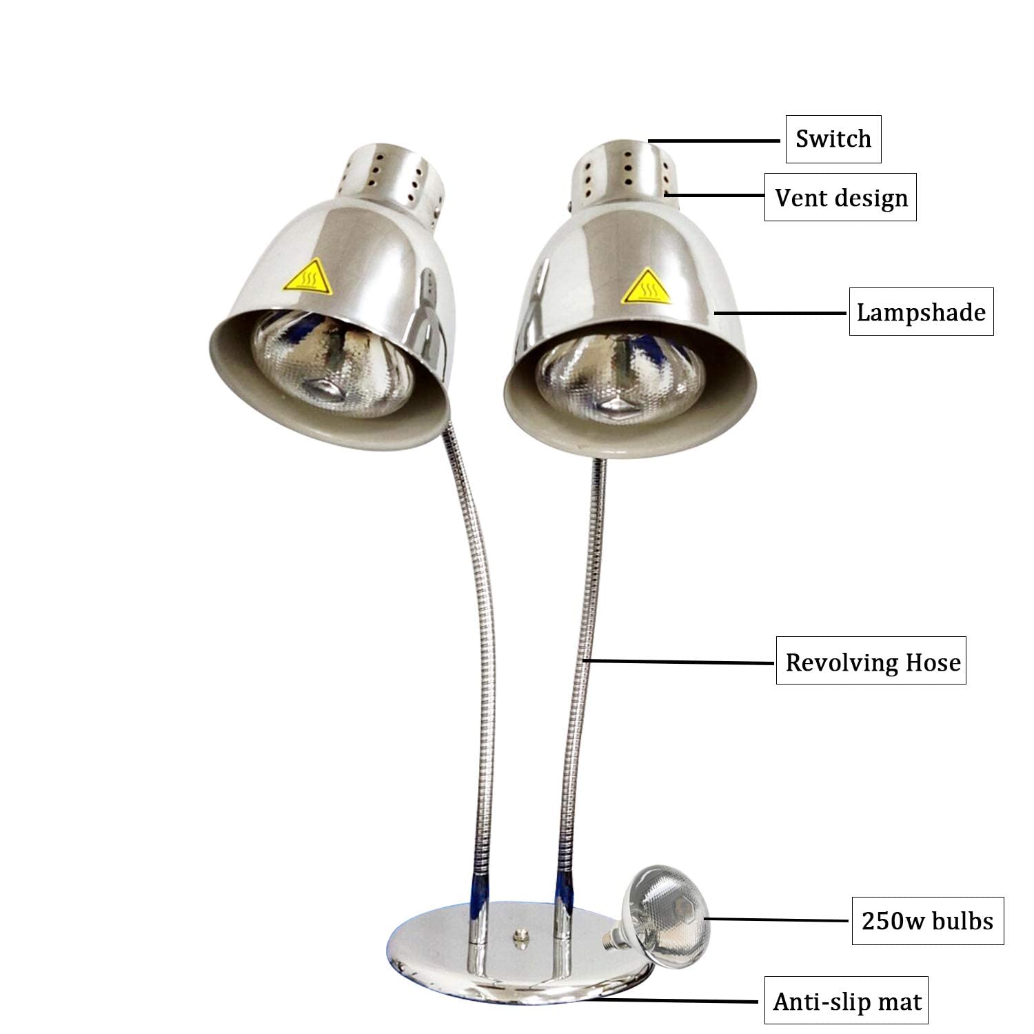 Commercial Dual Head Food Heat Lamp with 250W Bulbs - Restaurant Kitchen Buffet Warmer for Catering, Buffet Tables & Food Display (2-Pack)