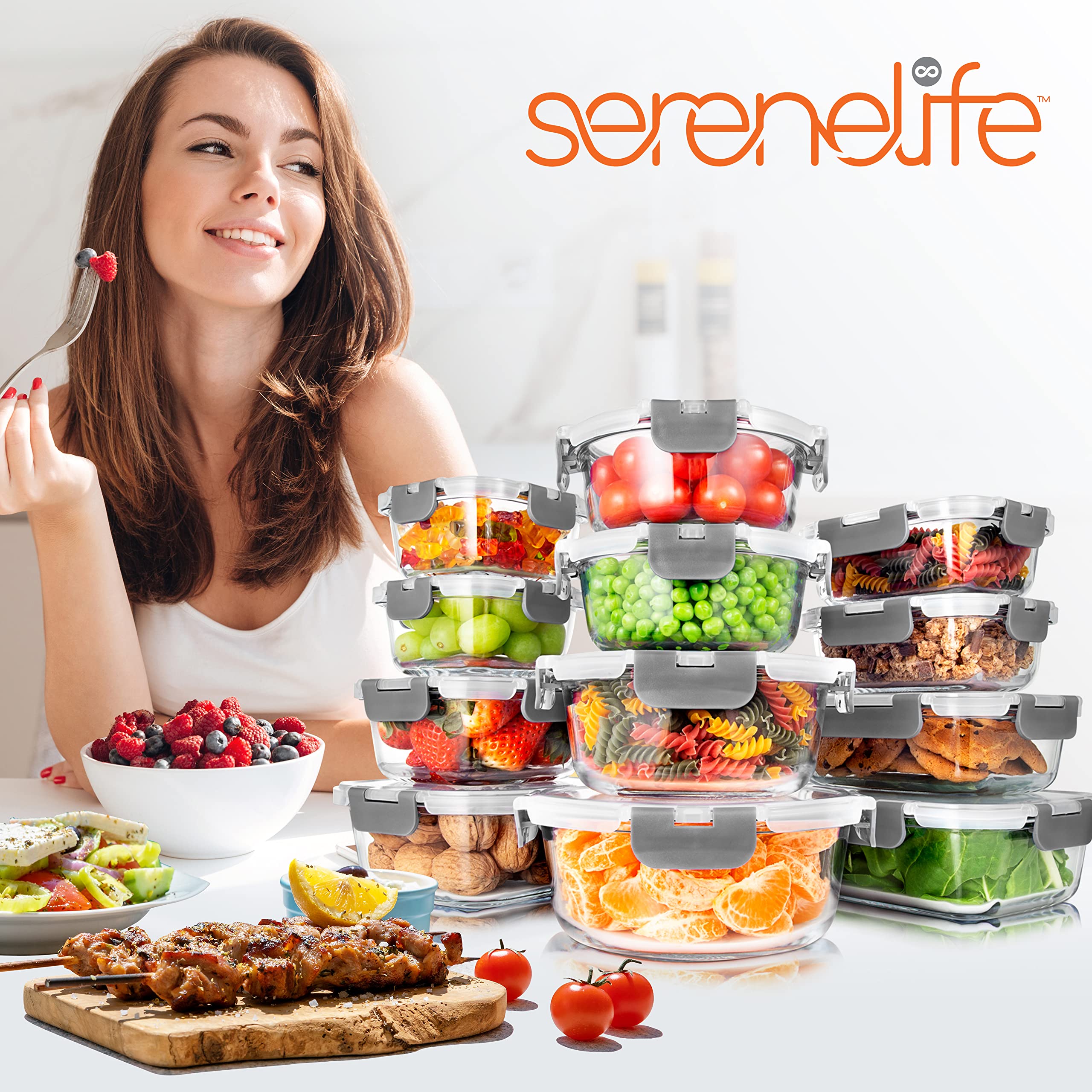 SereneLife 24-Piece Glass Food Storage Containers Set with Lids - 12 Pack Airtight Meal Prep Containers for Lunch, Kitchen & Pantry Organization - Leakproof, Freezer & Dishwasher Safe - Perfect for Meal Prepping, Leftovers & Bulk Food Storage (Gray)