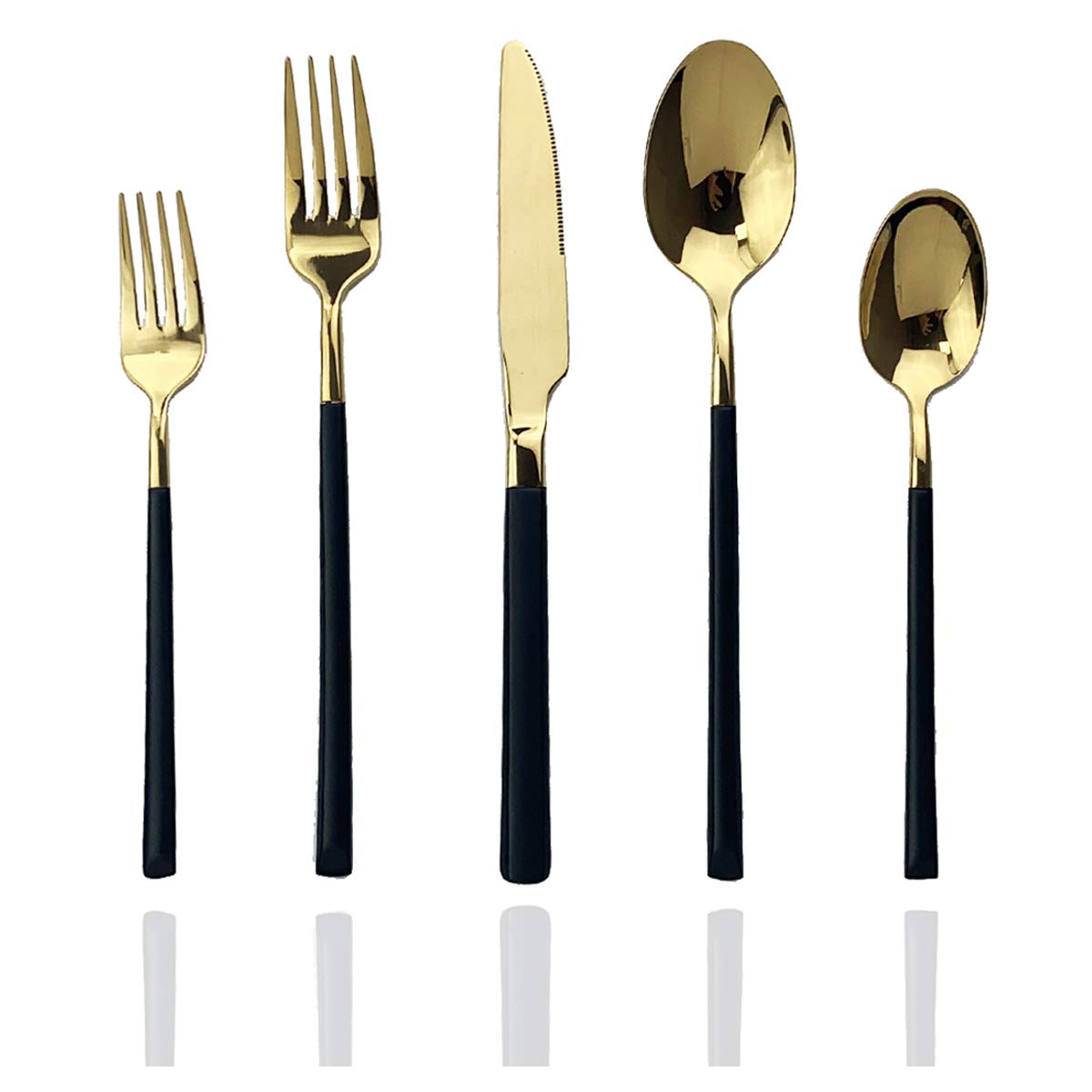 Premium 5-Piece Modern Silverware Set - 18/10 Stainless Steel Flatware with Square Edge - Elegant Mirror Polished Kitchen Utensils for 1 (Black Gold) - Dishwasher Safe - Perfect for Fine Dining, Wedding Gifts & Home Entertaining