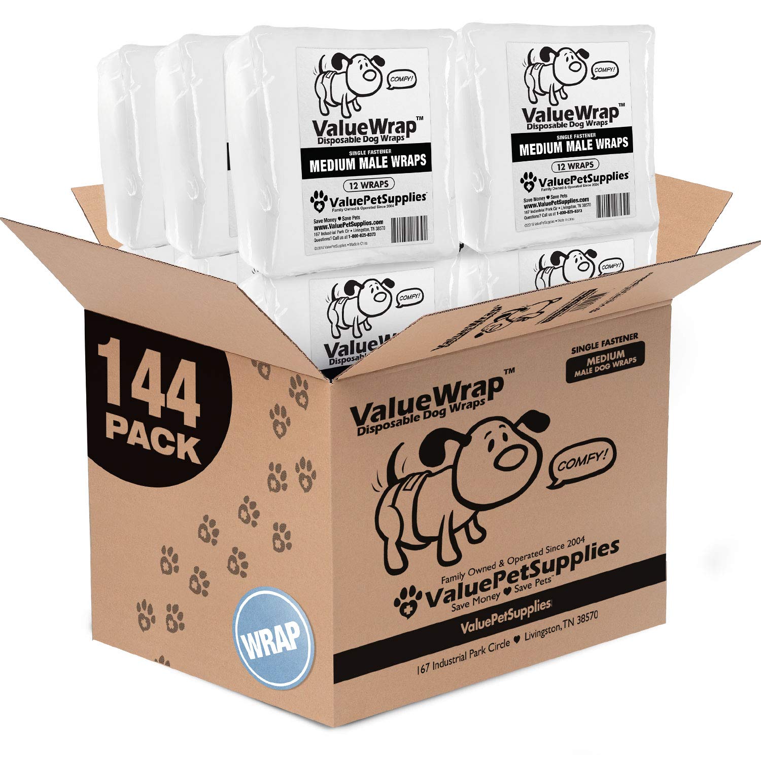 **Disposable Dog Diapers for Male Dogs - Medium Size (144 Count) | Snag-Free Fasteners, Leak-Proof Design, Wetness Indicator | Ideal for Incontinence, Training & Travel**