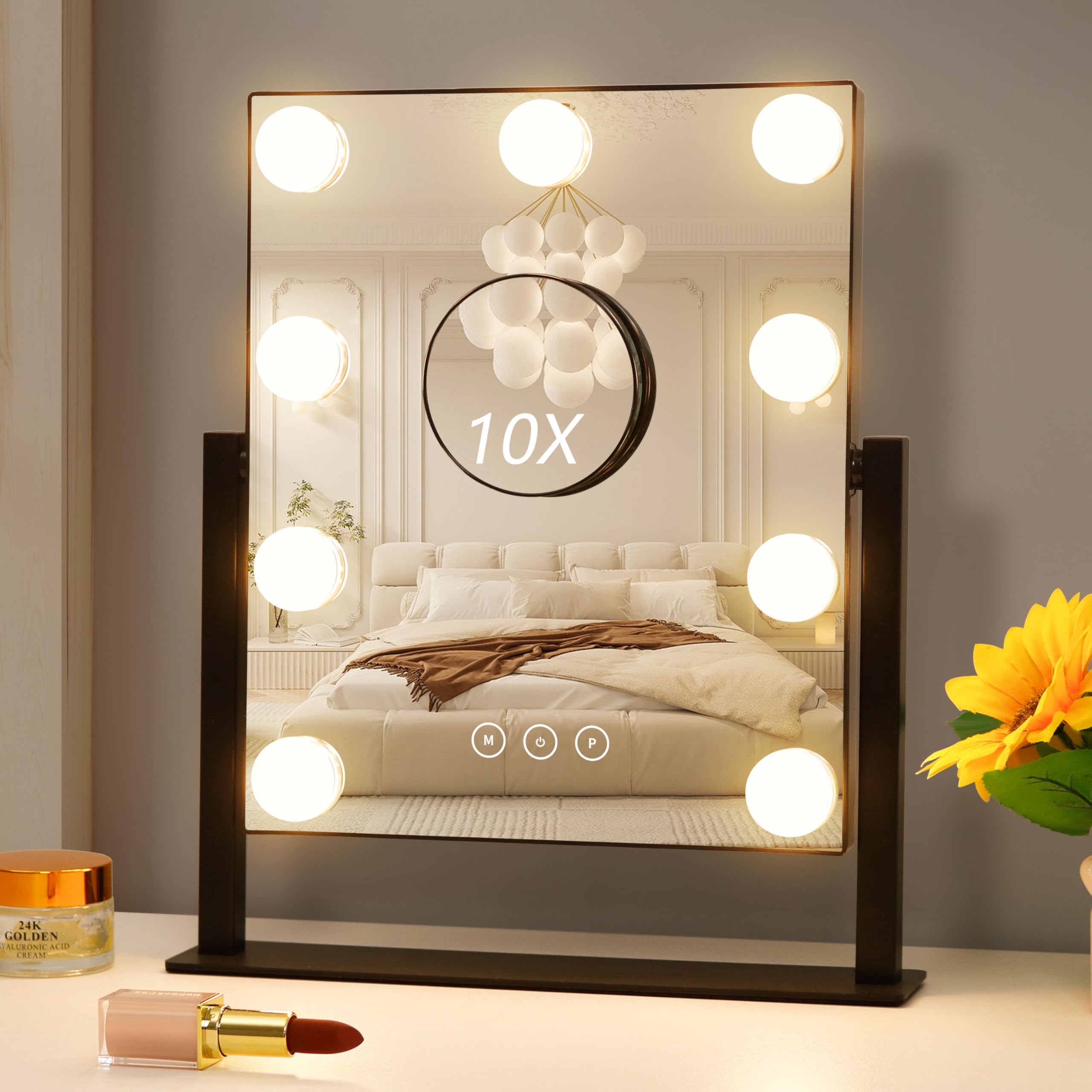 Hollywood Vanity Mirror with Lights - 9 Dimmable LED Bulbs, 3 Color Modes, 10X Magnification & 360° Rotation - Perfect for Makeup, Skincare & Hair Styling at Home