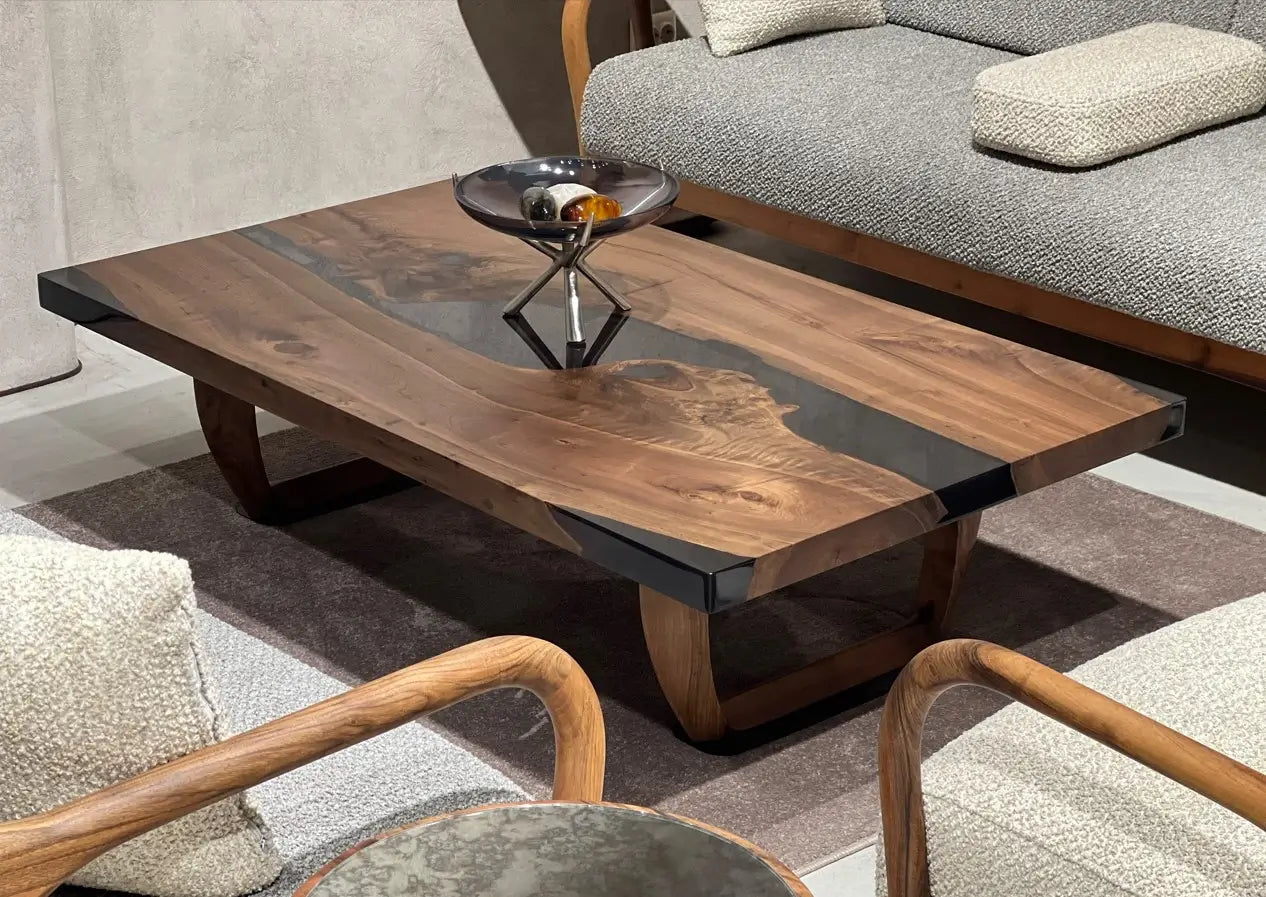 Modern Smoked Resin Coffee Table with Walnut Wood Legs - Mid-Century Style Accent Table for Living Room, Lounge & Office Decor