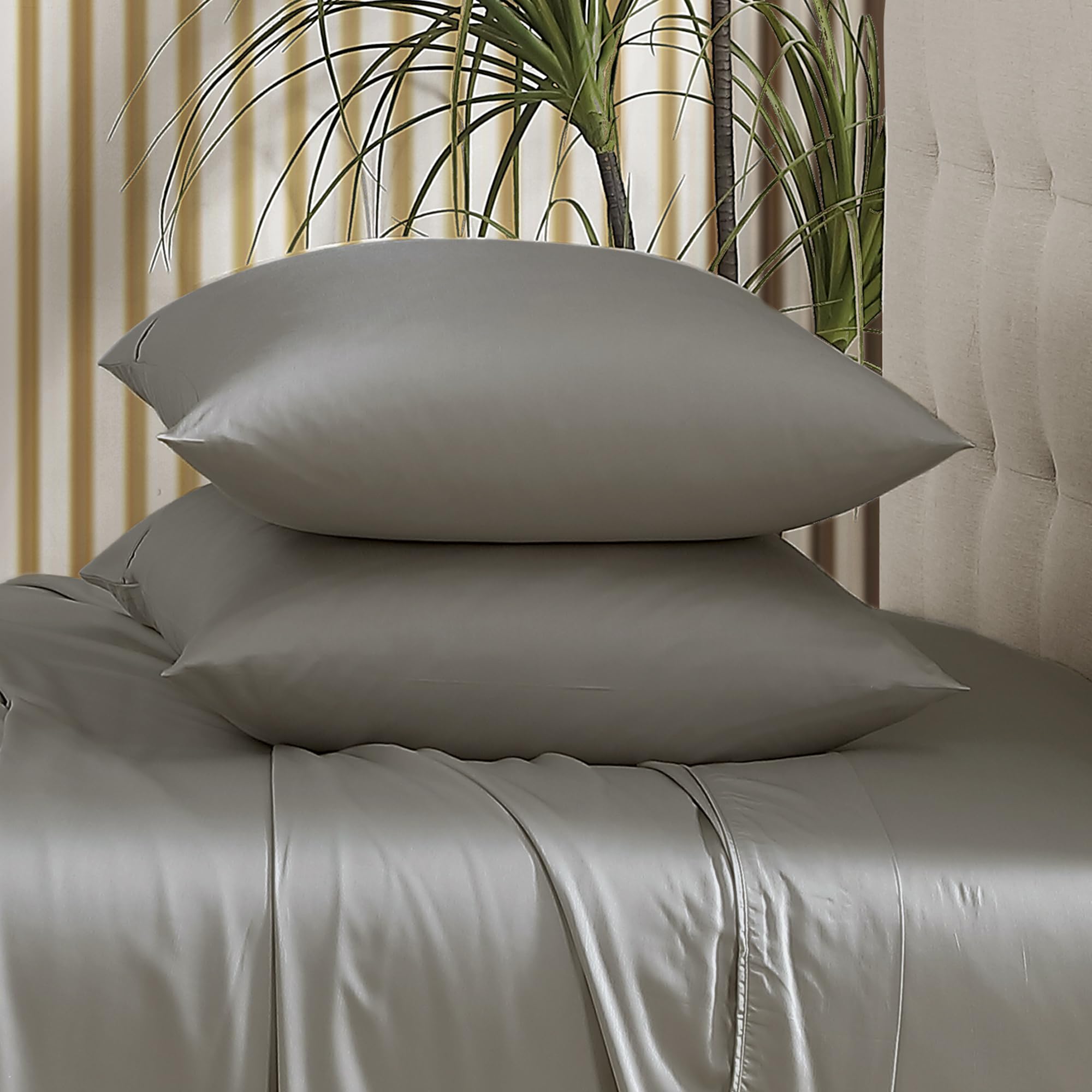 Brielle Home Viscose Bamboo Cooling Super Soft Sateen Sheet Set - California King Size, Charcoal Gray - Breathable & Hypoallergenic Bedding for Hot Sleepers & All Seasons Comfort