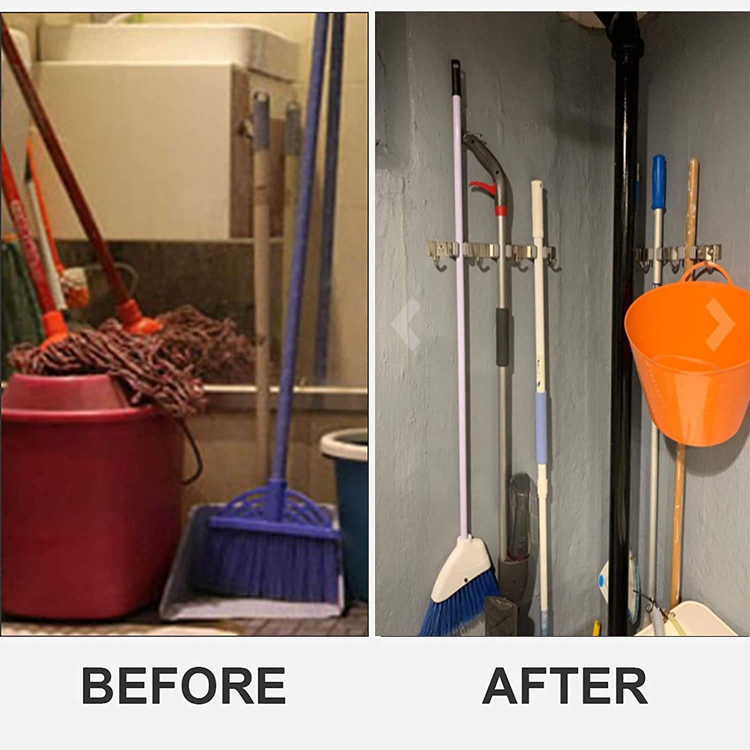 Stainless Steel Broom and Mop Holder Wall Mount - Heavy Duty Storage Organizer with 3 Racks & 4 Hooks for Bathroom, Kitchen, Office, Closet, Garden - Perfect for Organizing Cleaning Tools and Maximizing Space