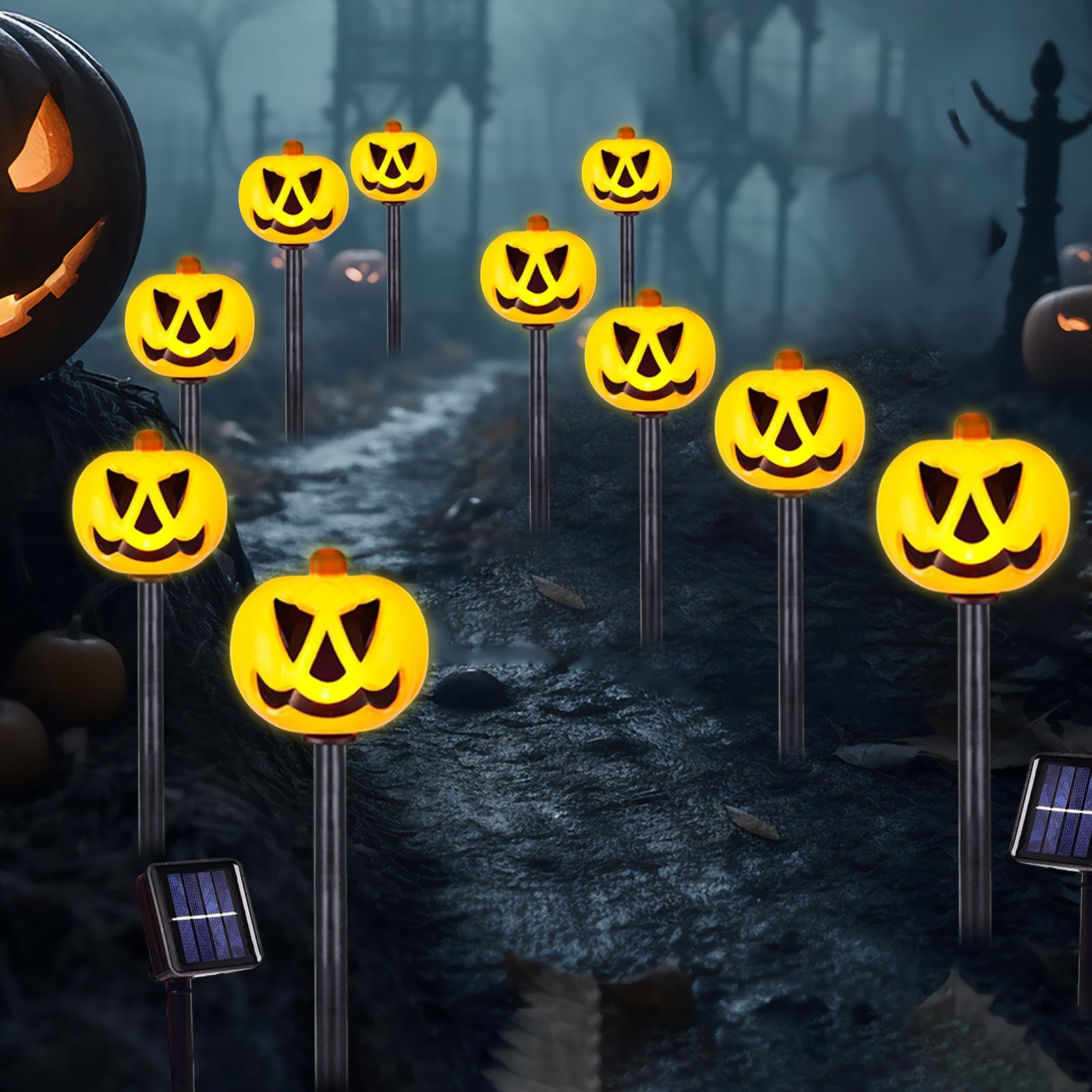 10 Pack Solar Halloween Pumpkin Stake Lights - Waterproof Outdoor Garden & Yard Decorations for Halloween Party, Pathway, Porch, and Patio Lighting