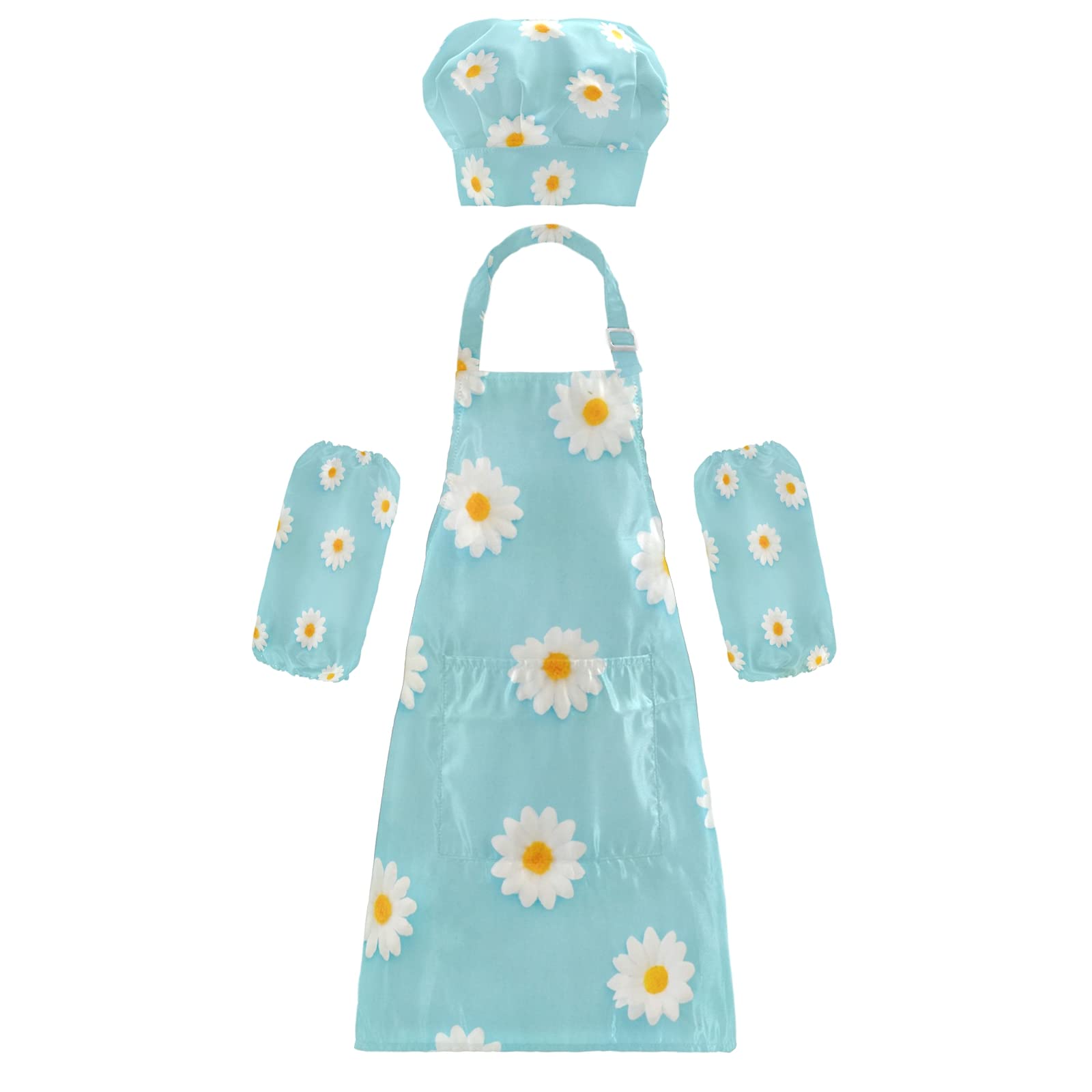 Daisies Blue Kids Apron Chef Hat Set - Child Kitchen Cooking Bib Aprons for Girls & Boys - Perfect for Baking, Cooking, and Pretend Play
