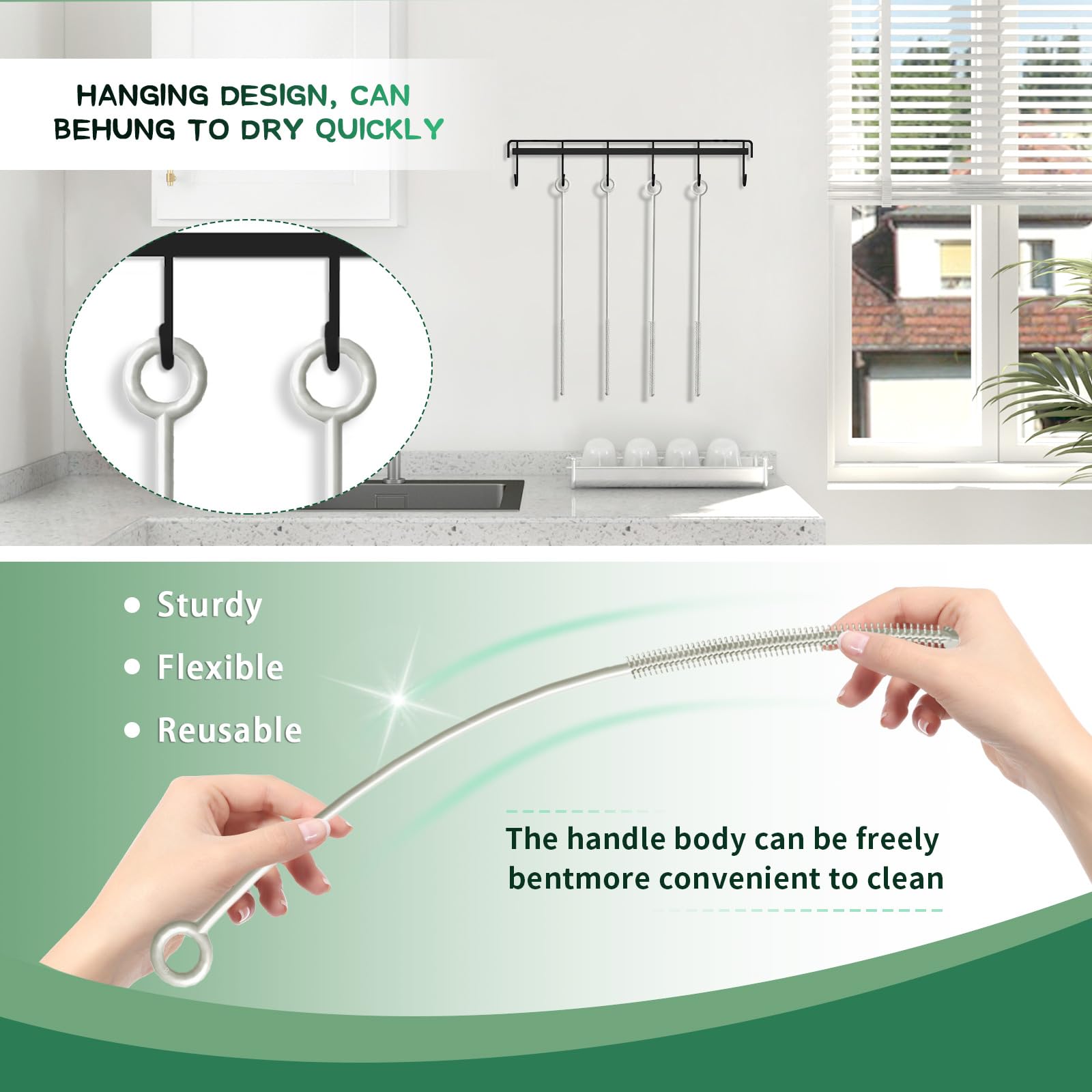 2 Pack Reusable Silicone Straw Cleaning Brushes - Extra Long Pipe Cleaner for Metal, Glass & Plastic Straws, Bottles & Beverage Covers | Perfect for Home, Office, Travel & Camping Use