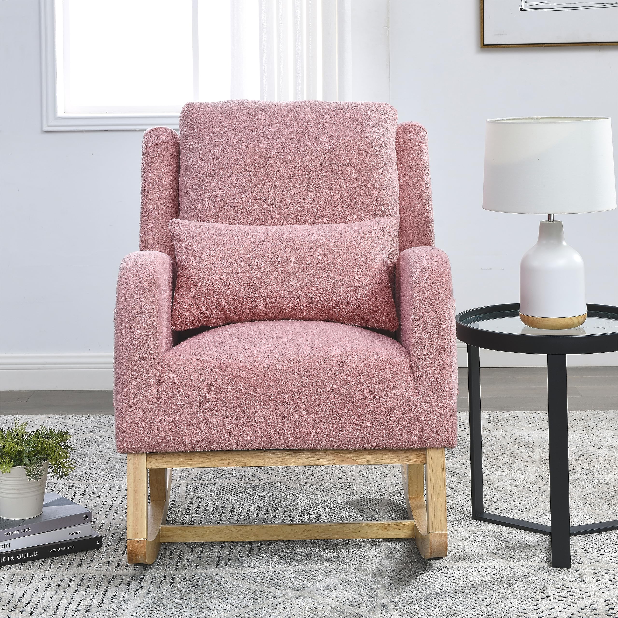 **Comfy Teddy Fabric Nursery Rocking Chair with Pillow & Side Pockets - Wingback Glider Armchair for Nursing, Living Room, Bedroom - Perfect for Relaxing & Breastfeeding (Pink)**
