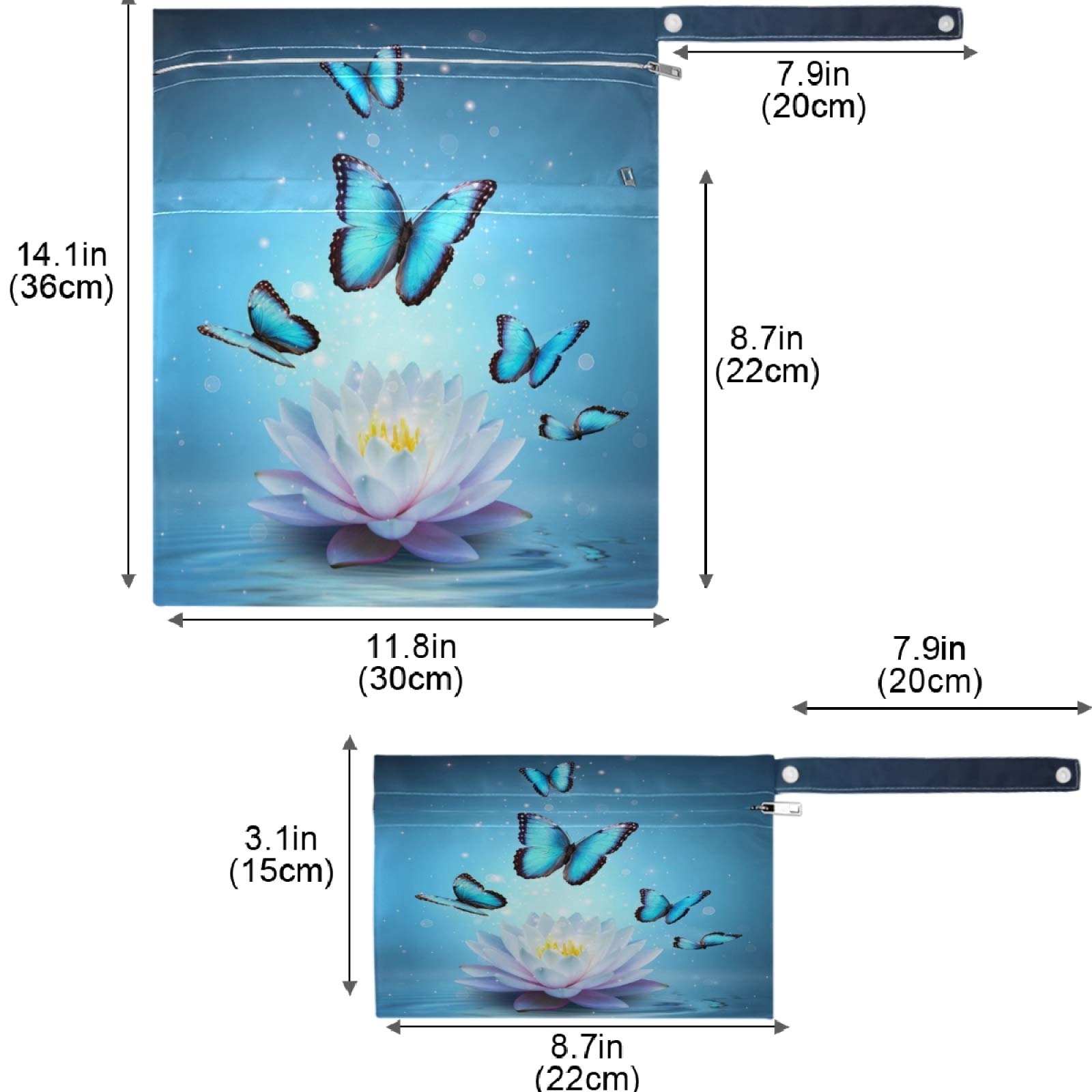 Visesunny Blue Butterfly Lotus 2Pcs Wet Bags - Waterproof Reusable Zippered Pouch for Travel, Beach, Pool, Gym & Daycare | Perfect for Wet Swimsuits, Dirty Clothes, Diapers & Toiletries | Compact & Washable for Strollers & On-the-Go Use