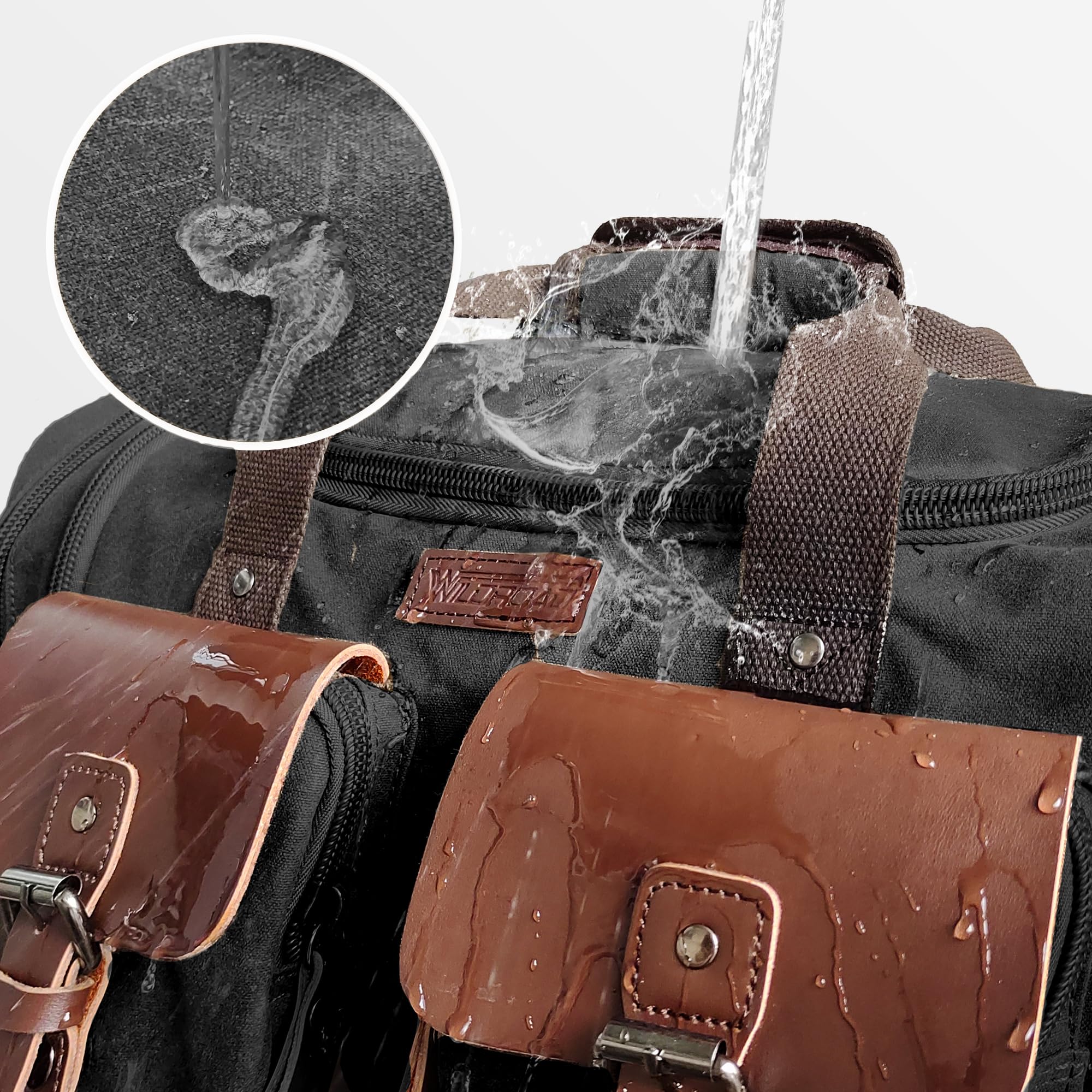 Wildroad 60L Expandable Waxed Canvas Duffle Bag - Genuine Leather Weekender Overnight Carry On Travel Bag (Vintage Black, X-Large) - Perfect for Business Trips, Gym, Camping & Weekend Getaways
