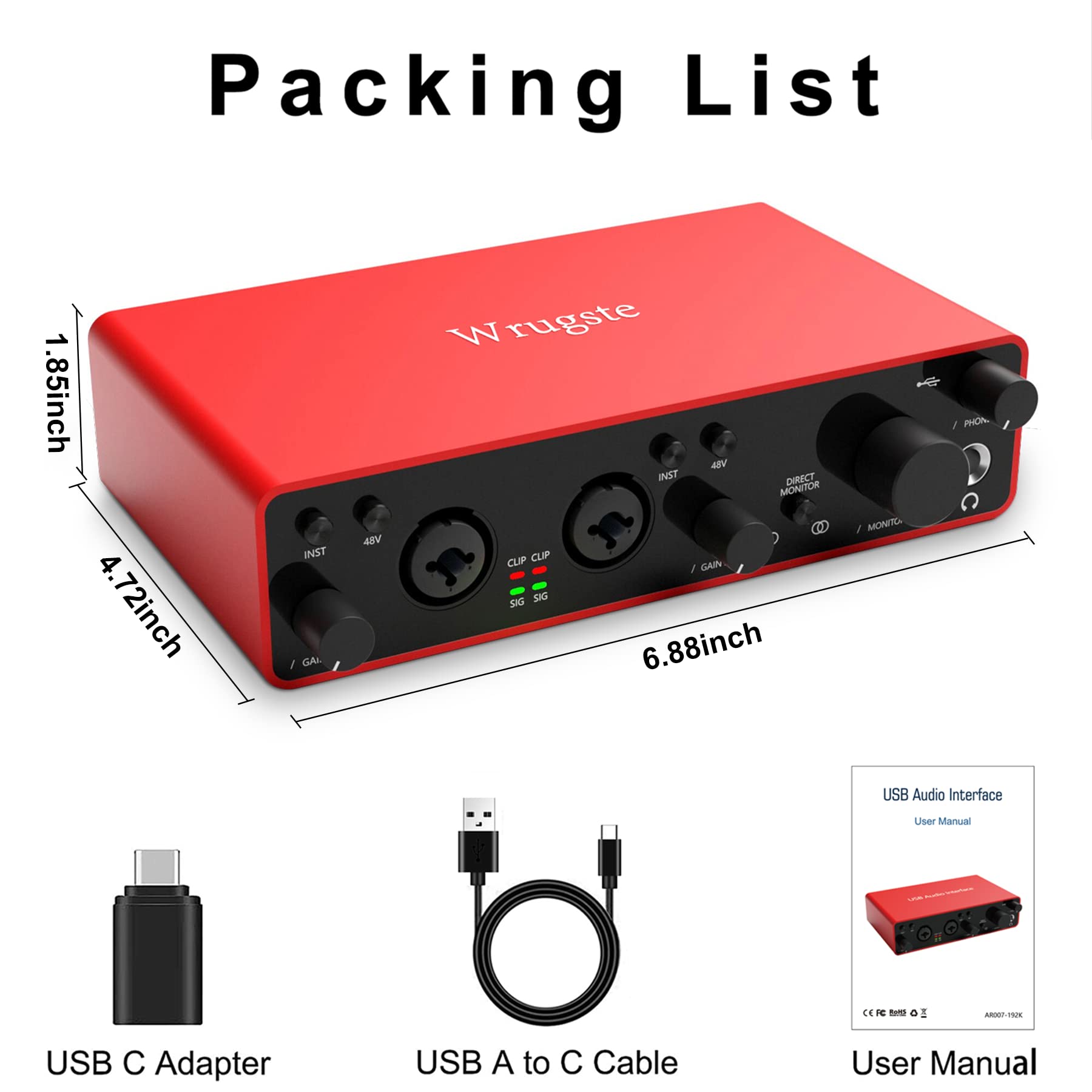 Wrugste Professional XLR Audio Interface - 24Bit/192kHz USB Recording Interface with Ultra-Low Latency, 48V Phantom Power & Plug & Play for Podcasting, Streaming, Music Production - Perfect for Home Studio, Voice Overs & Live Performances