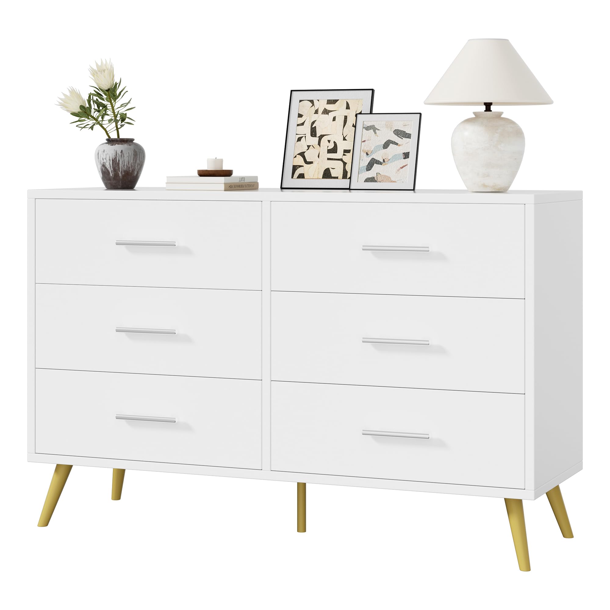 Shintenchi 6-Drawer White & Gold Dresser - Modern Wooden Chest of Drawers for Bedroom, Living Room & Entryway | TV Stand & Storage Organizer for Home Decor & Organization