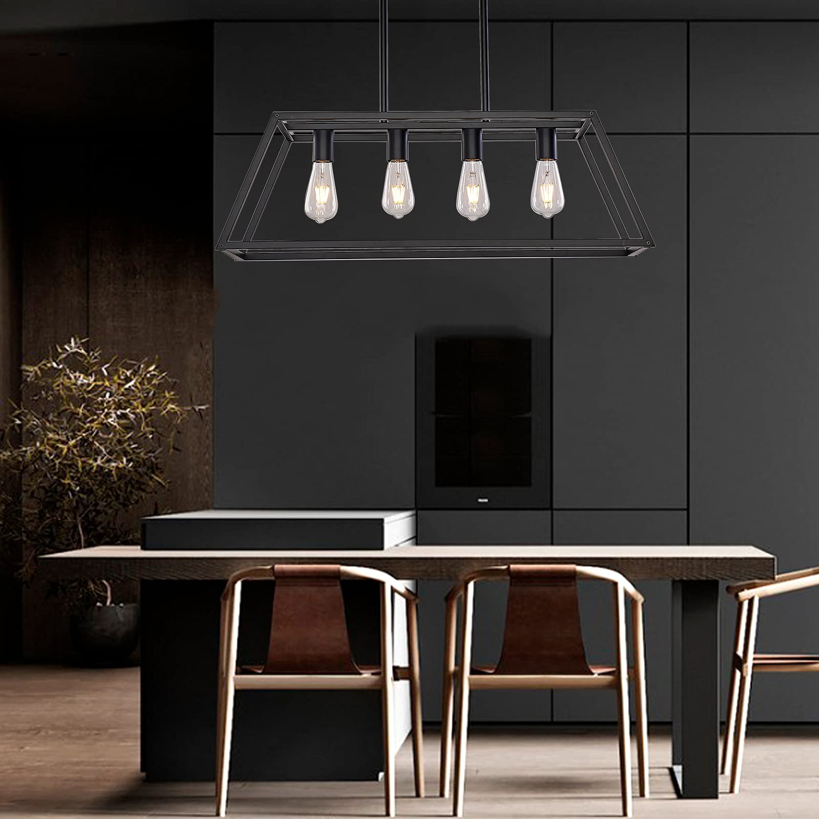 XILICON Modern 4-Light Black Linear Pendant Light - Farmhouse Kitchen Island Chandelier for Dining Room, Hanging Cage Lighting Fixture | Perfect for Farmhouse, Industrial & Contemporary Home Decor