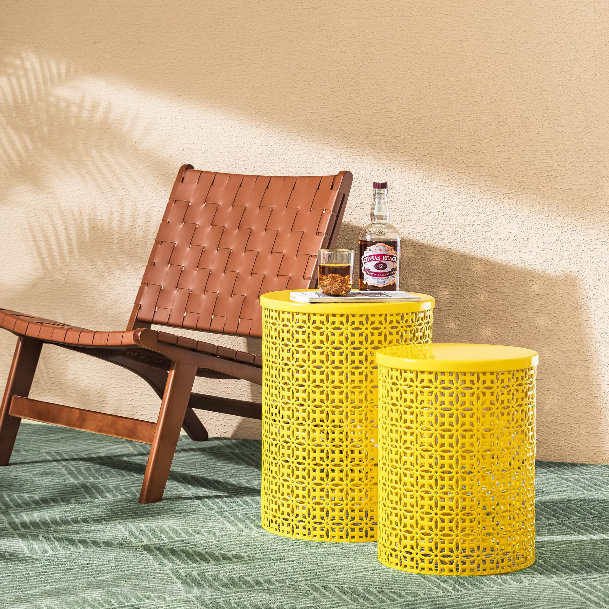Glitzhome 2-Piece Outdoor Side Table Set - Heavy Duty Metal Frame Modern End Table for Garden, Patio, Balcony - Glossy Yellow Accent Table for Indoor & Outdoor Use - Perfect for Poolside, BBQ, and Relaxing Spaces