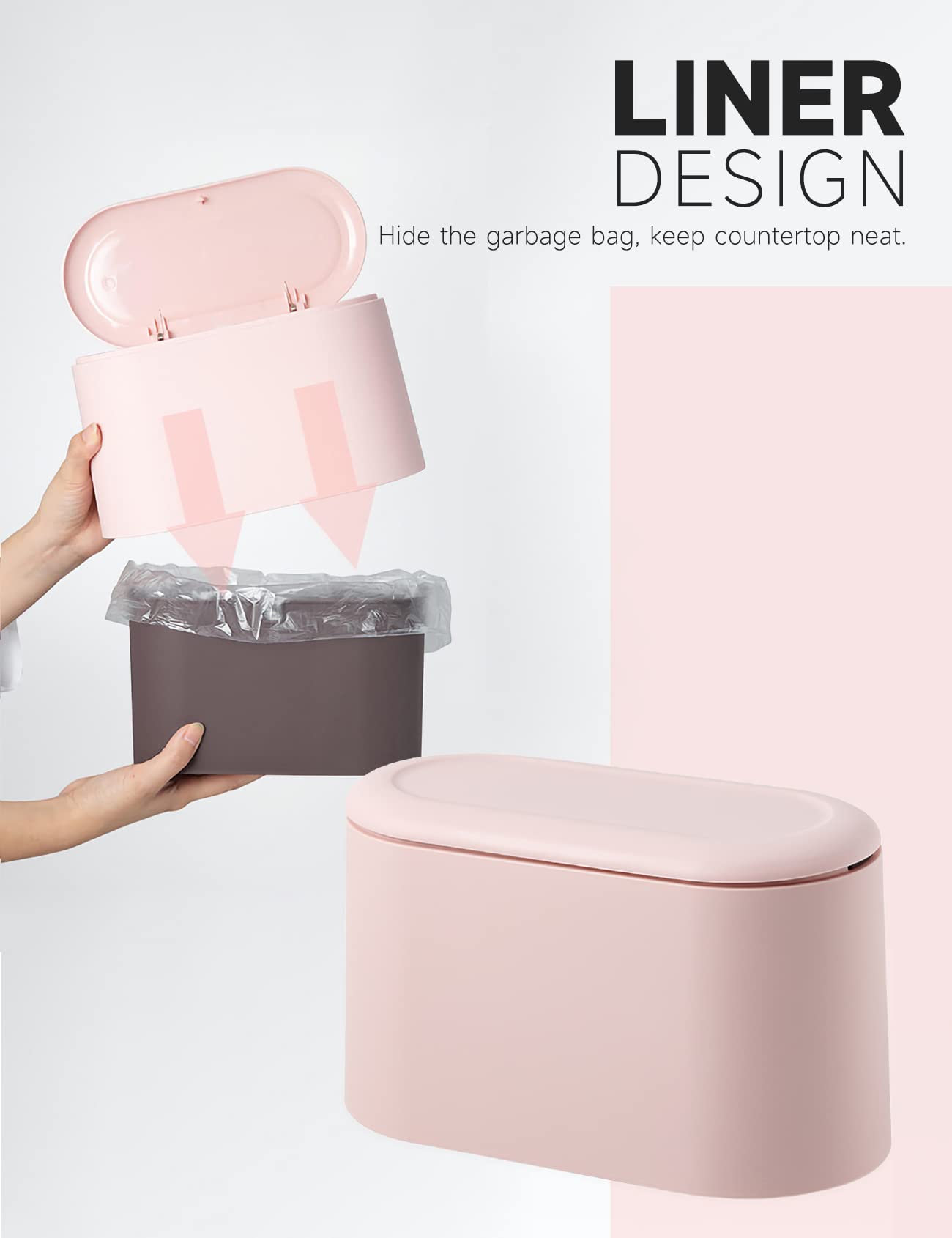 Mini Trash Can with Lid - Small Removable Garbage Bin, Tiny Plastic Waste Basket for Countertop, Desk & Table - Perfect for Bathroom, Office, Kitchen, Bedroom & Living Room - Compact Pop-Up Lint Bin (Pink) - Ideal for Home, Dorm & Workspace Organization