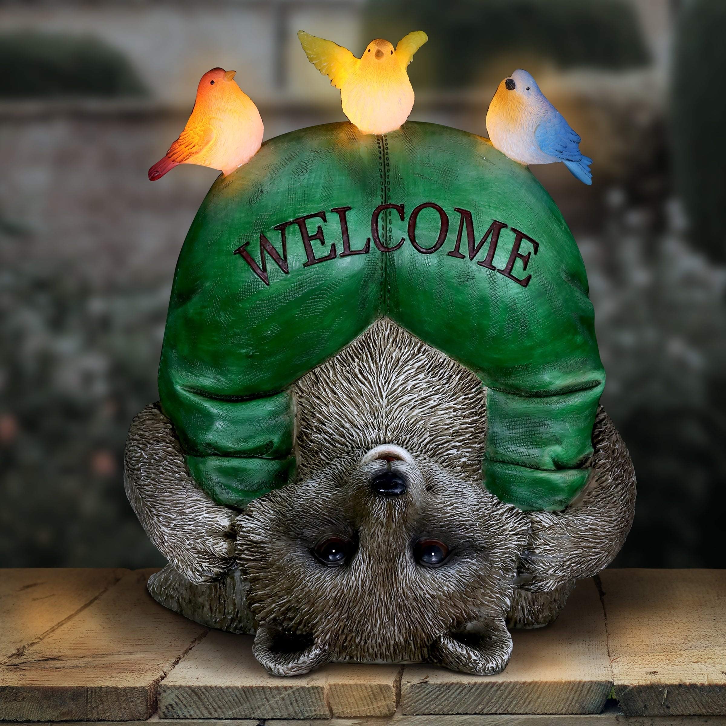 Solar-Powered Welcome Raccoon & Birds Resin Statue - Outdoor Garden Decor for Patio, Yard, and Porch